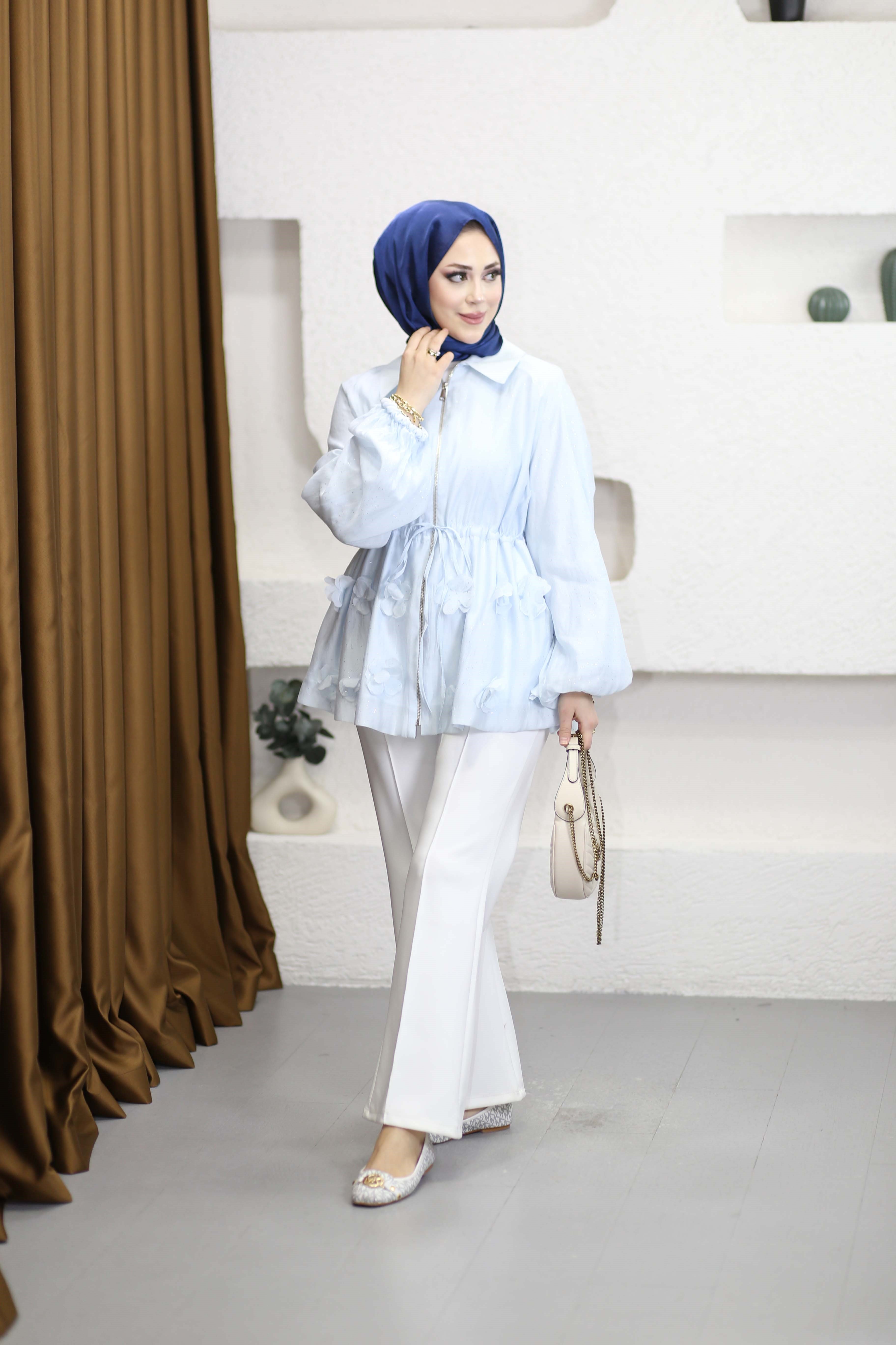 Simli Tencel Balon Ceket Mavi 26043