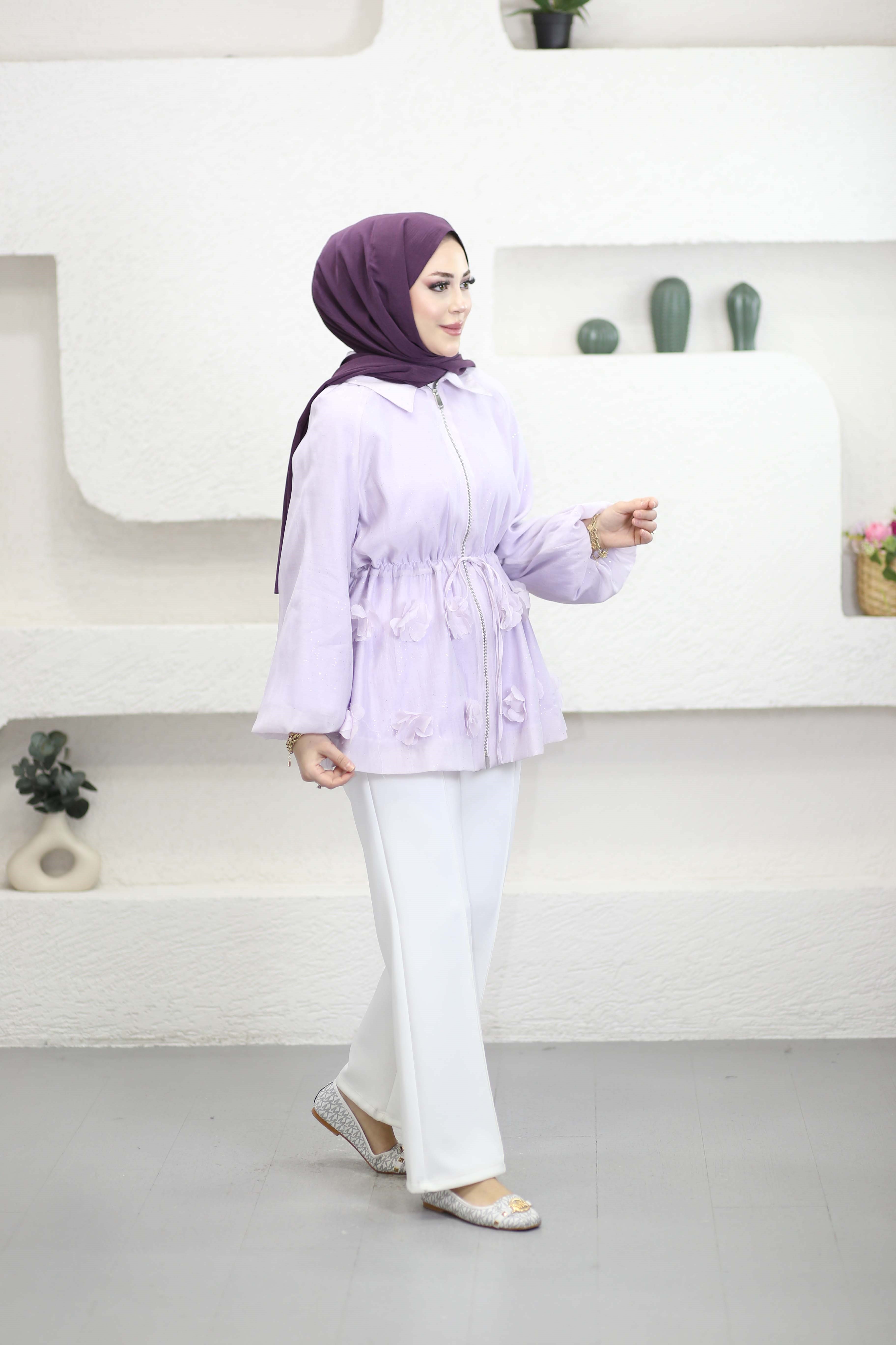 Simli Tencel Balon Ceket Lila 26043