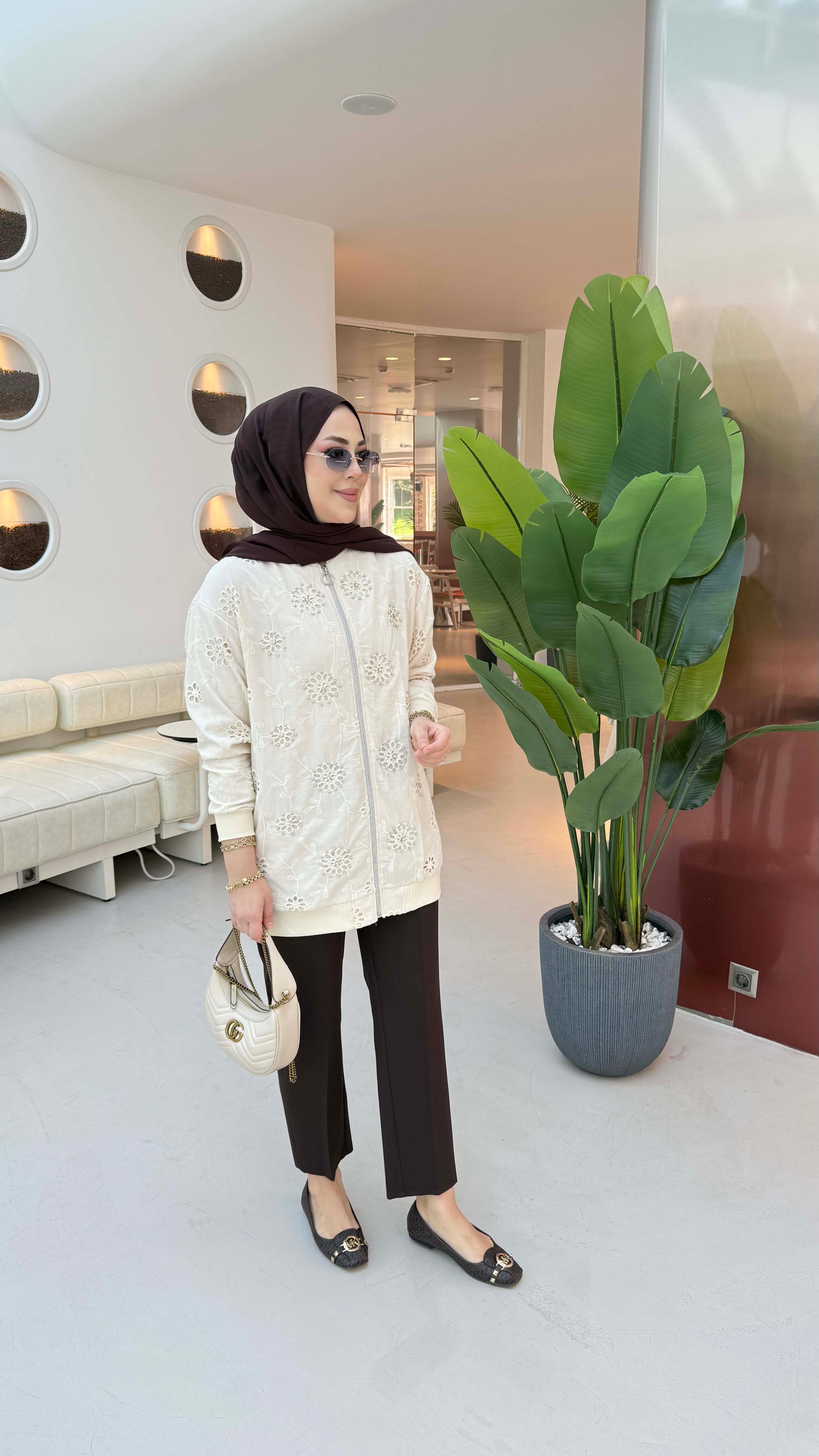 Lazer Kesim Bomber Ceket Bej 2000