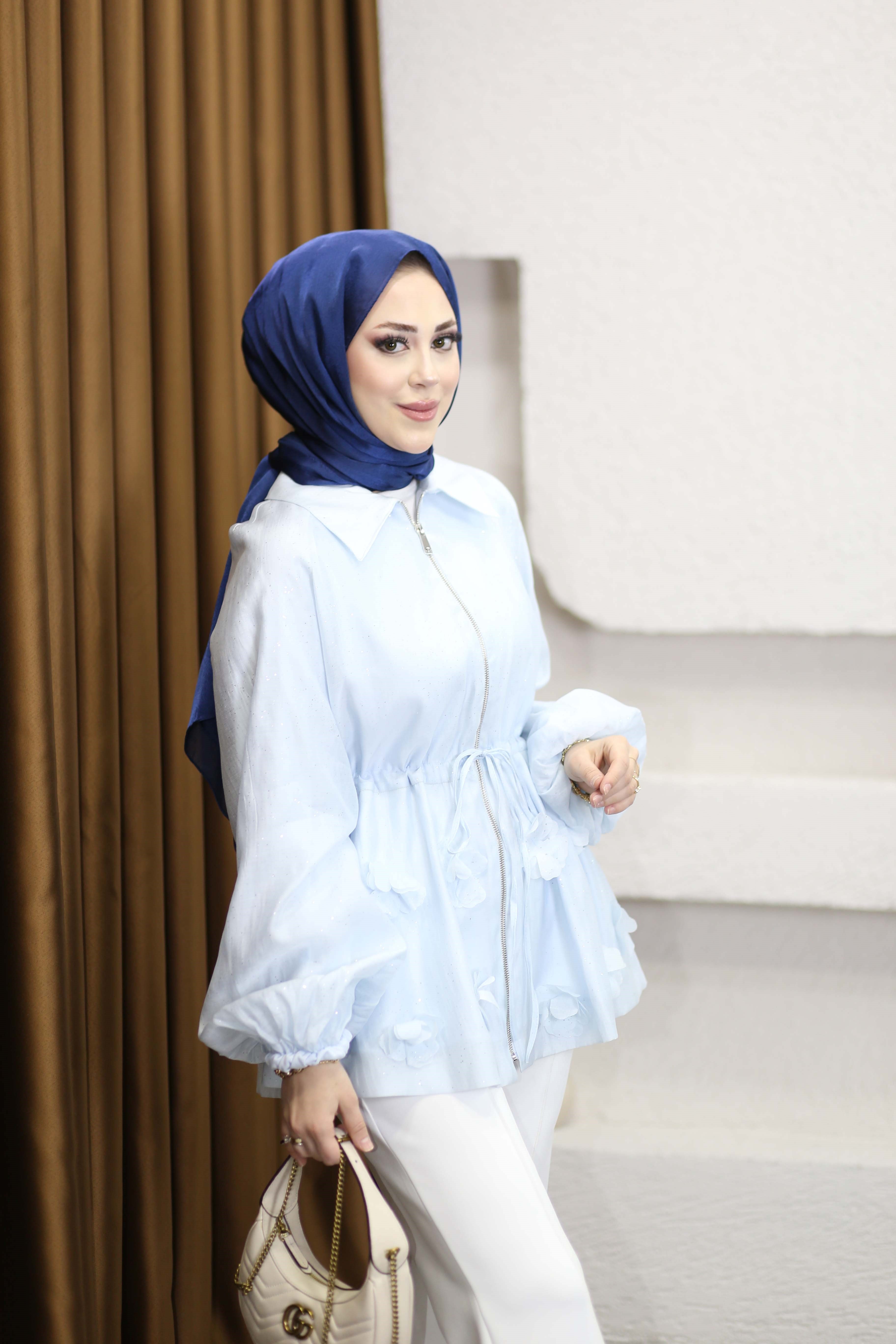 Simli Tencel Balon Ceket Mavi 26043