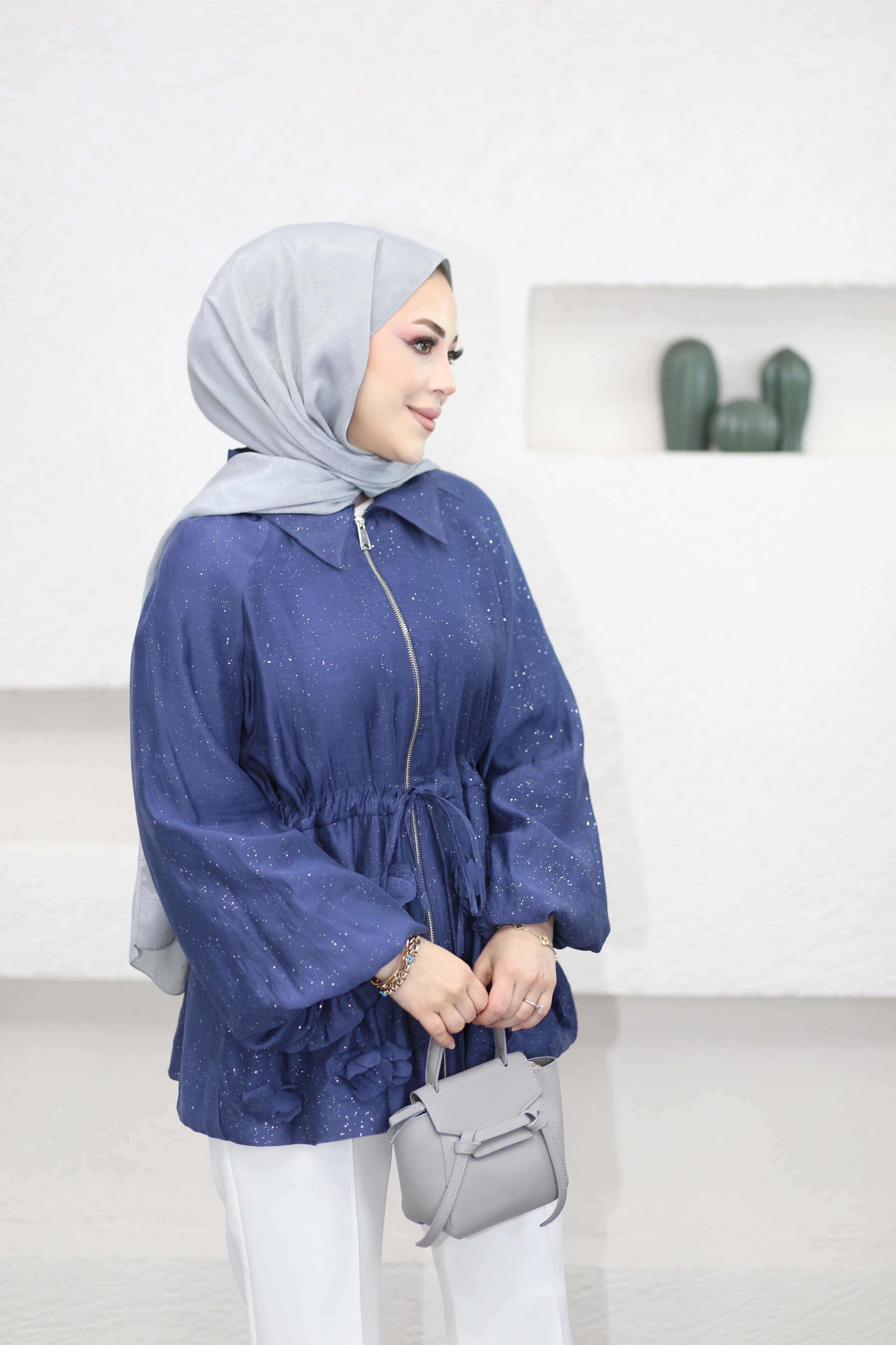 Simli Tencel Balon Ceket Lacivert 26043
