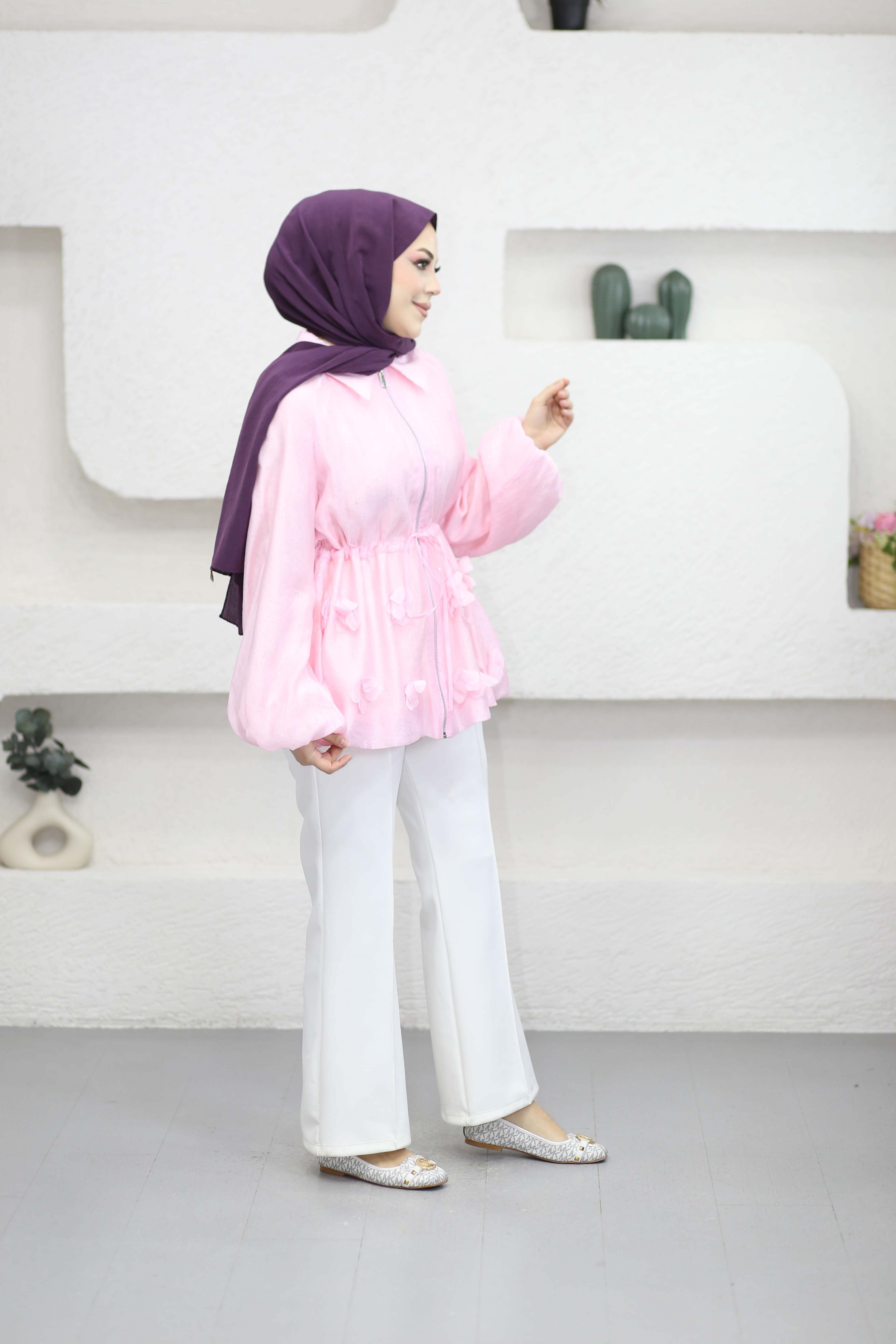 Simli Tencel Balon Ceket Pembe 26043