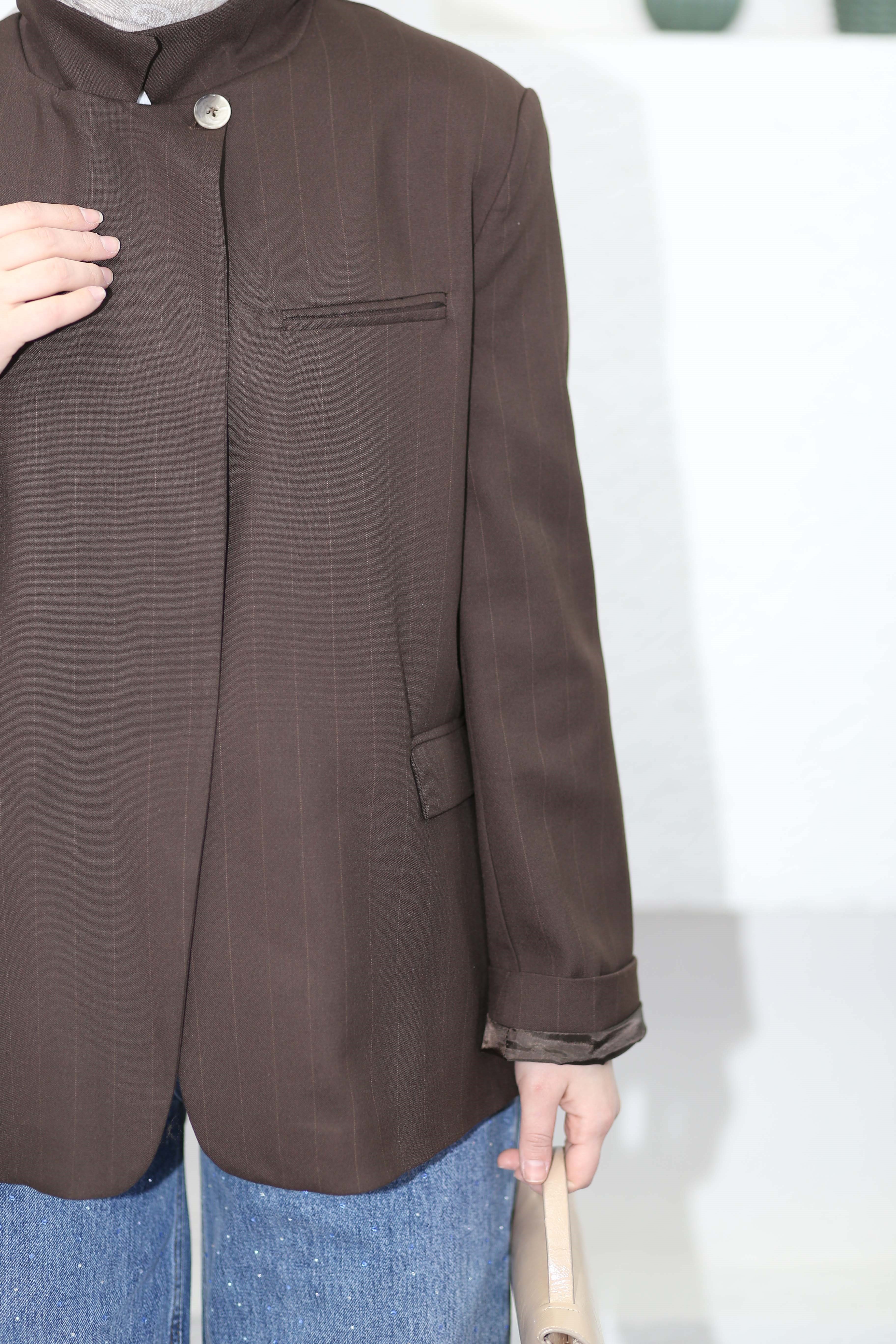 Dik Yaka Blazer Ceket Kahverengi 9715