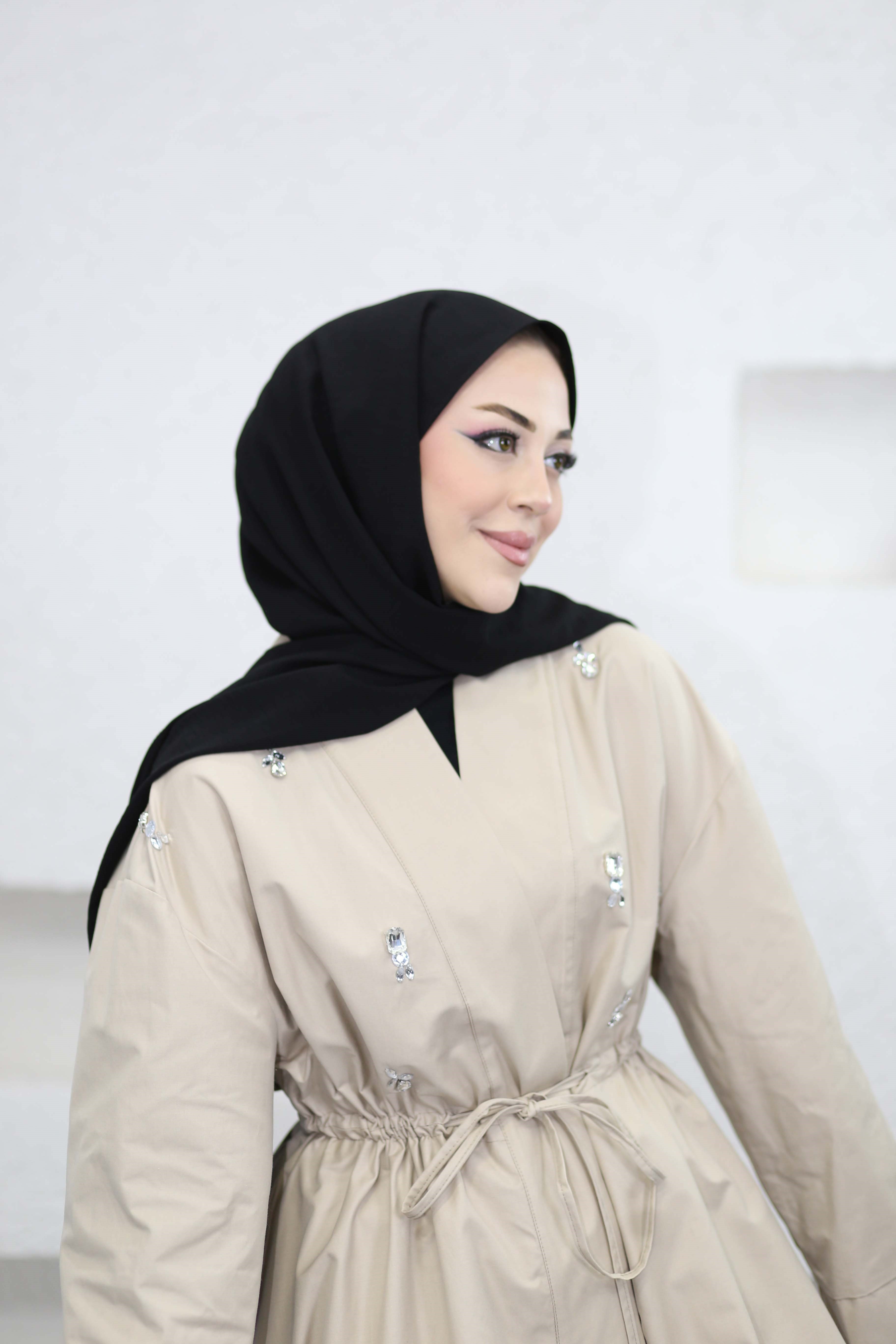 Bel Büzgülü Taşlı Ceket Bej 8489