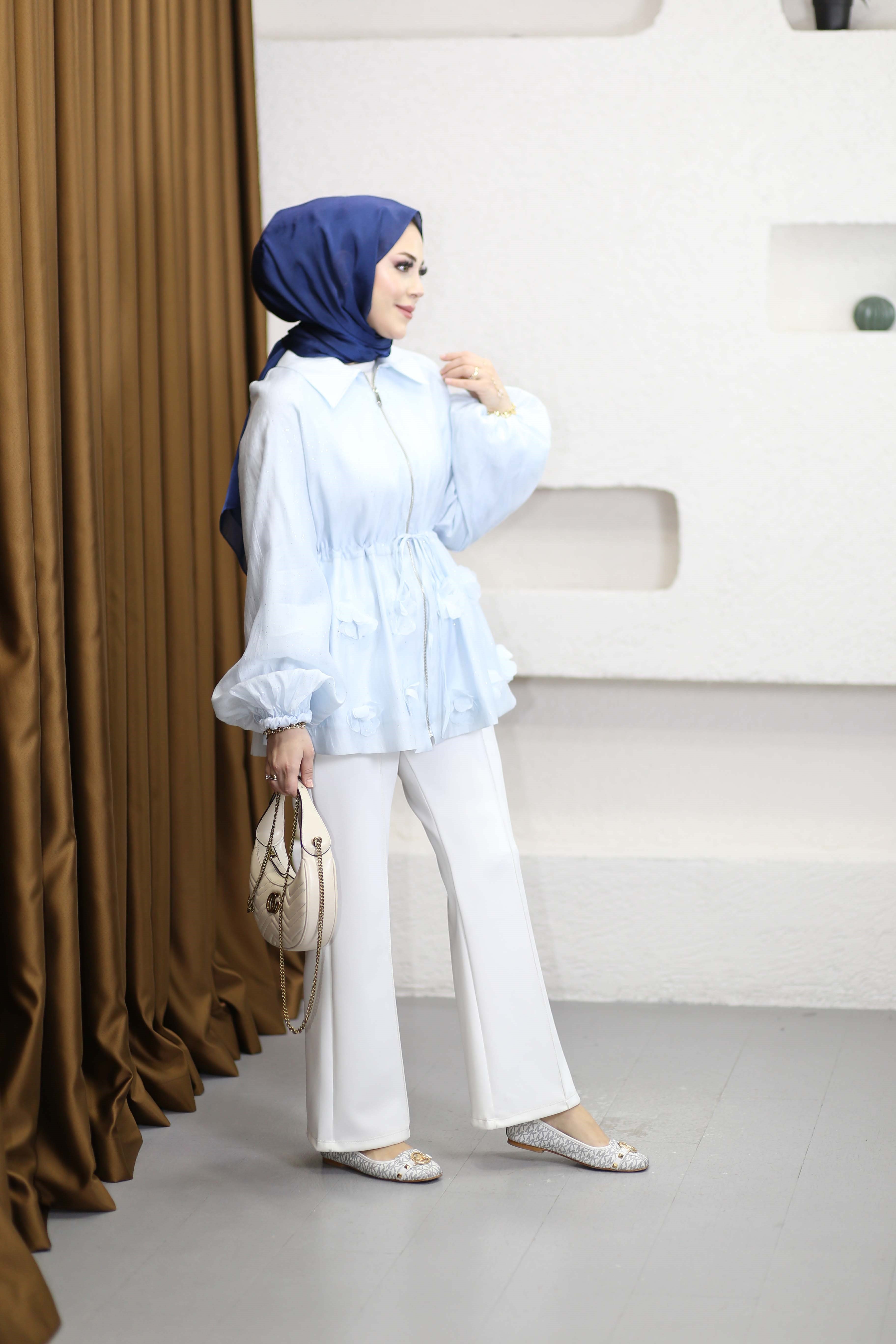 Simli Tencel Balon Ceket Mavi 26043