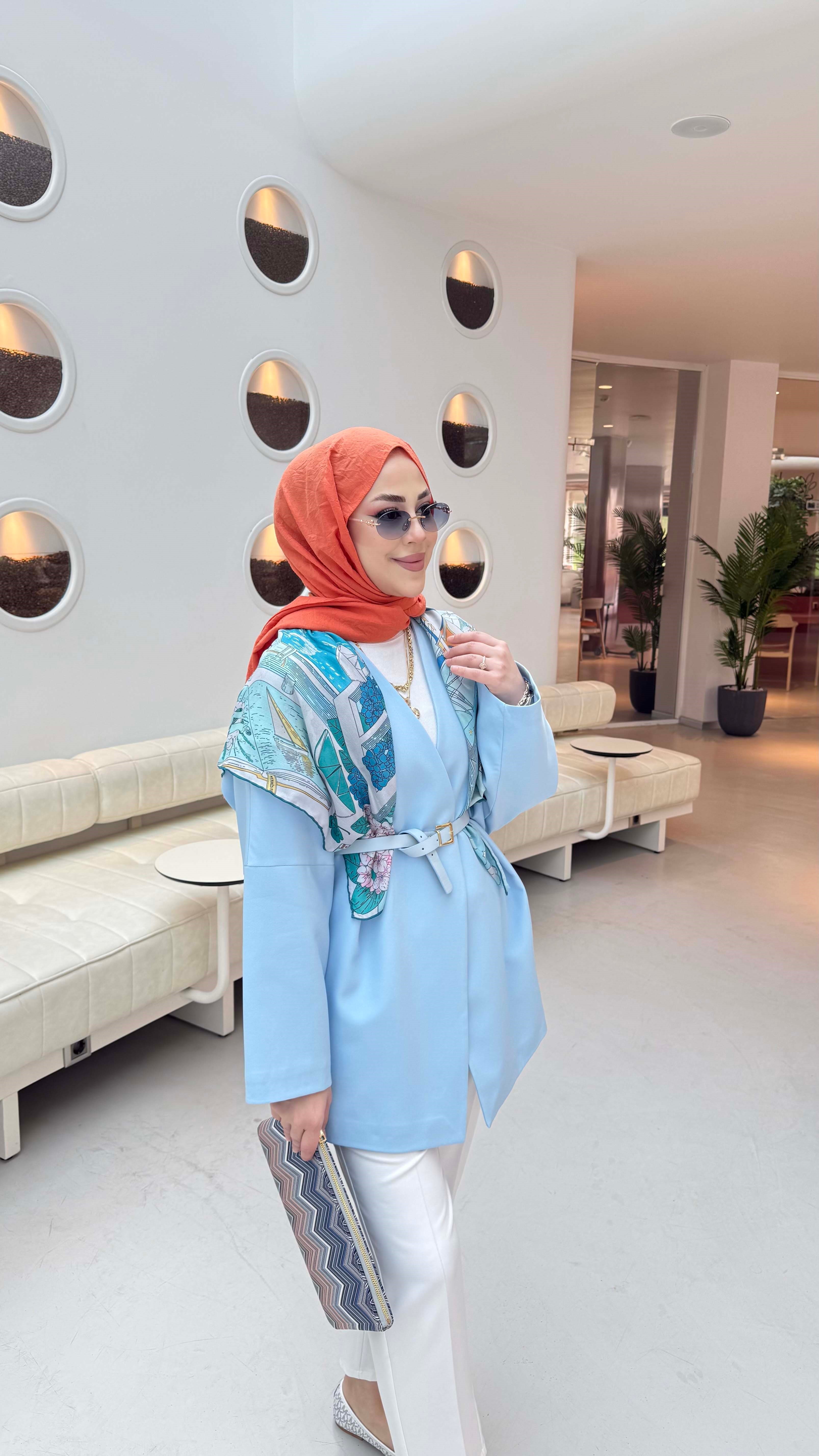 Yakasız Kemer Detaylı Ceket Bebe Mavi 1214