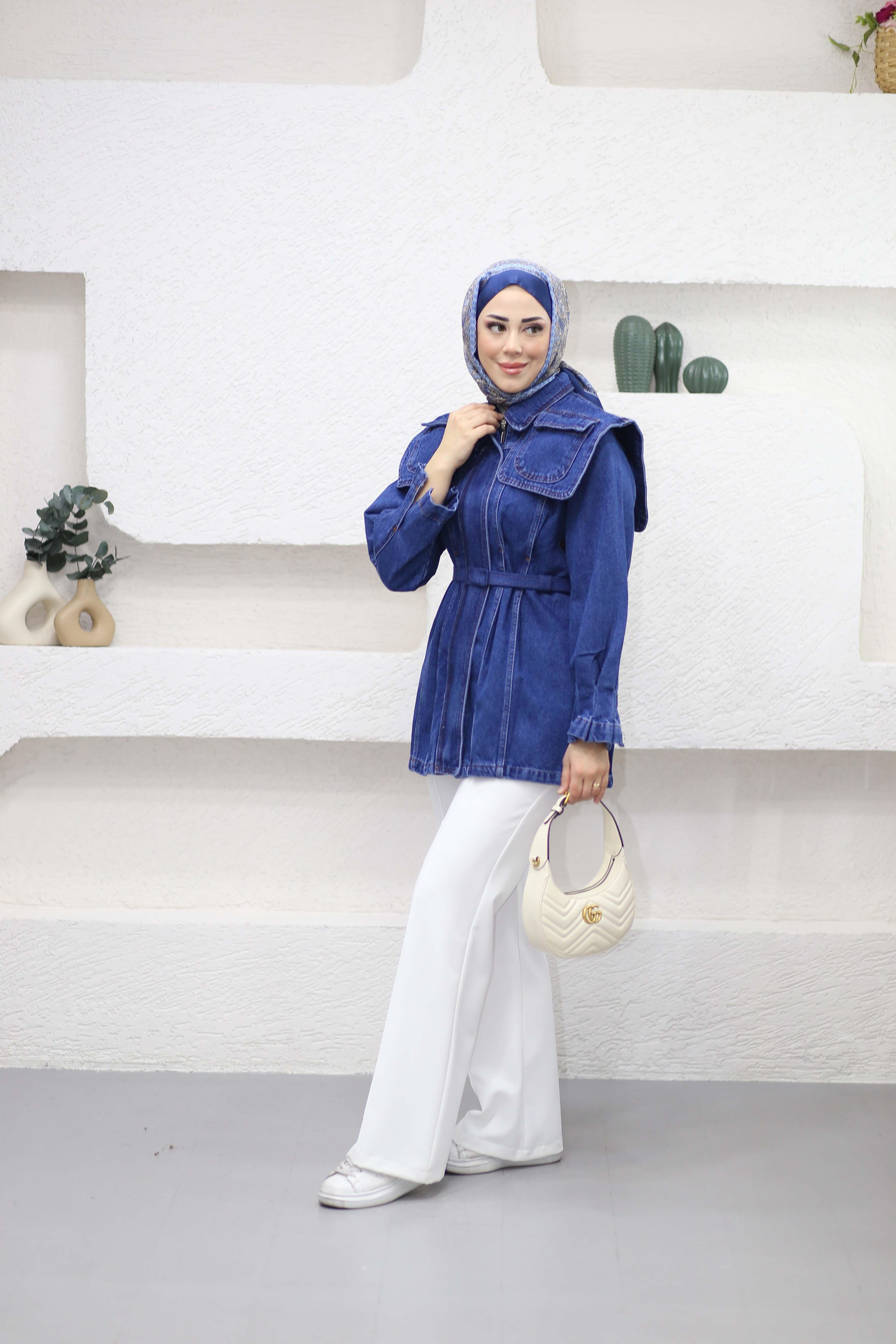 Tasarım Detaylı Denim Ceket Koyu Mavi 1143