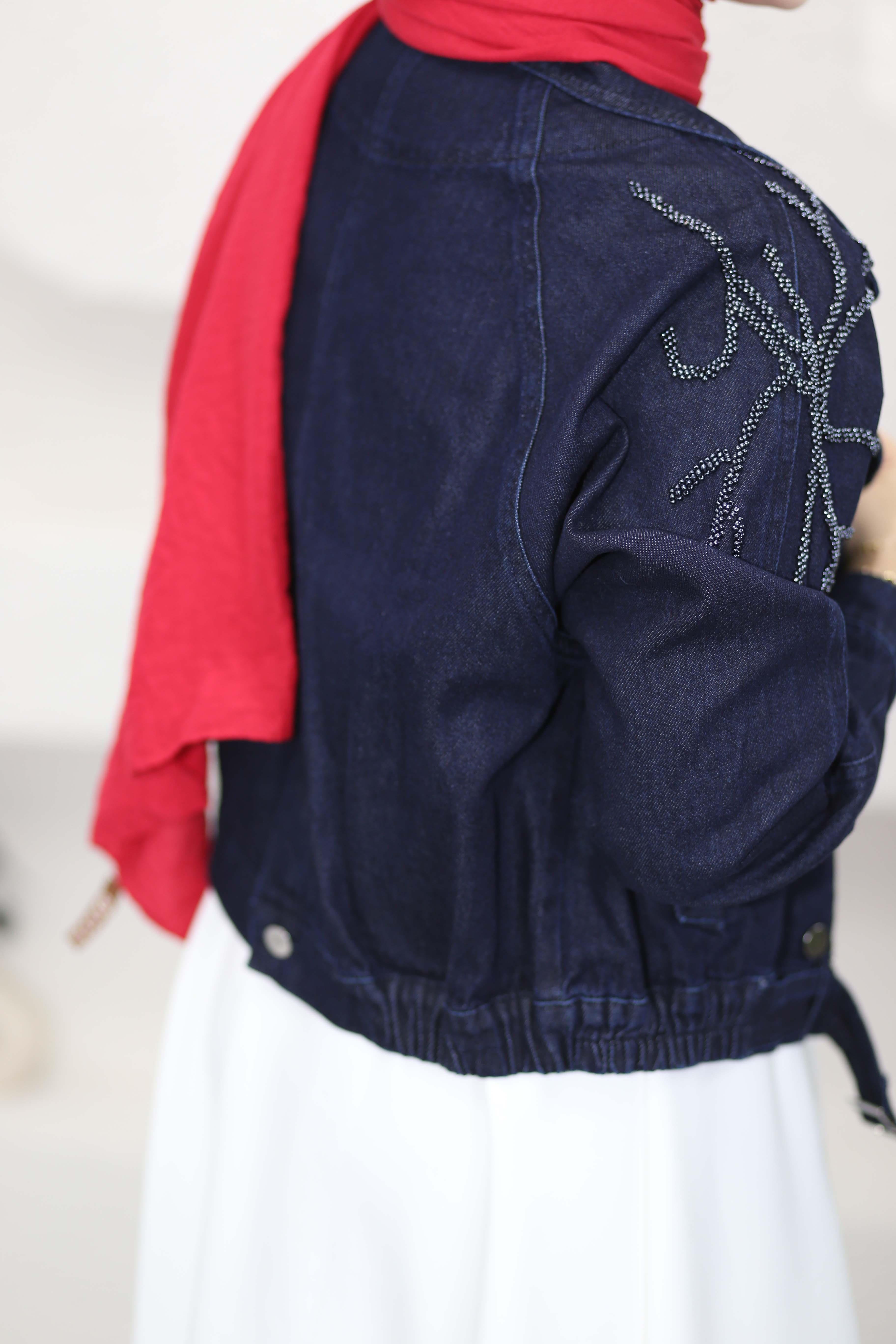 Salkım Taşlı Kot Ceket Koyu Mavi 7466