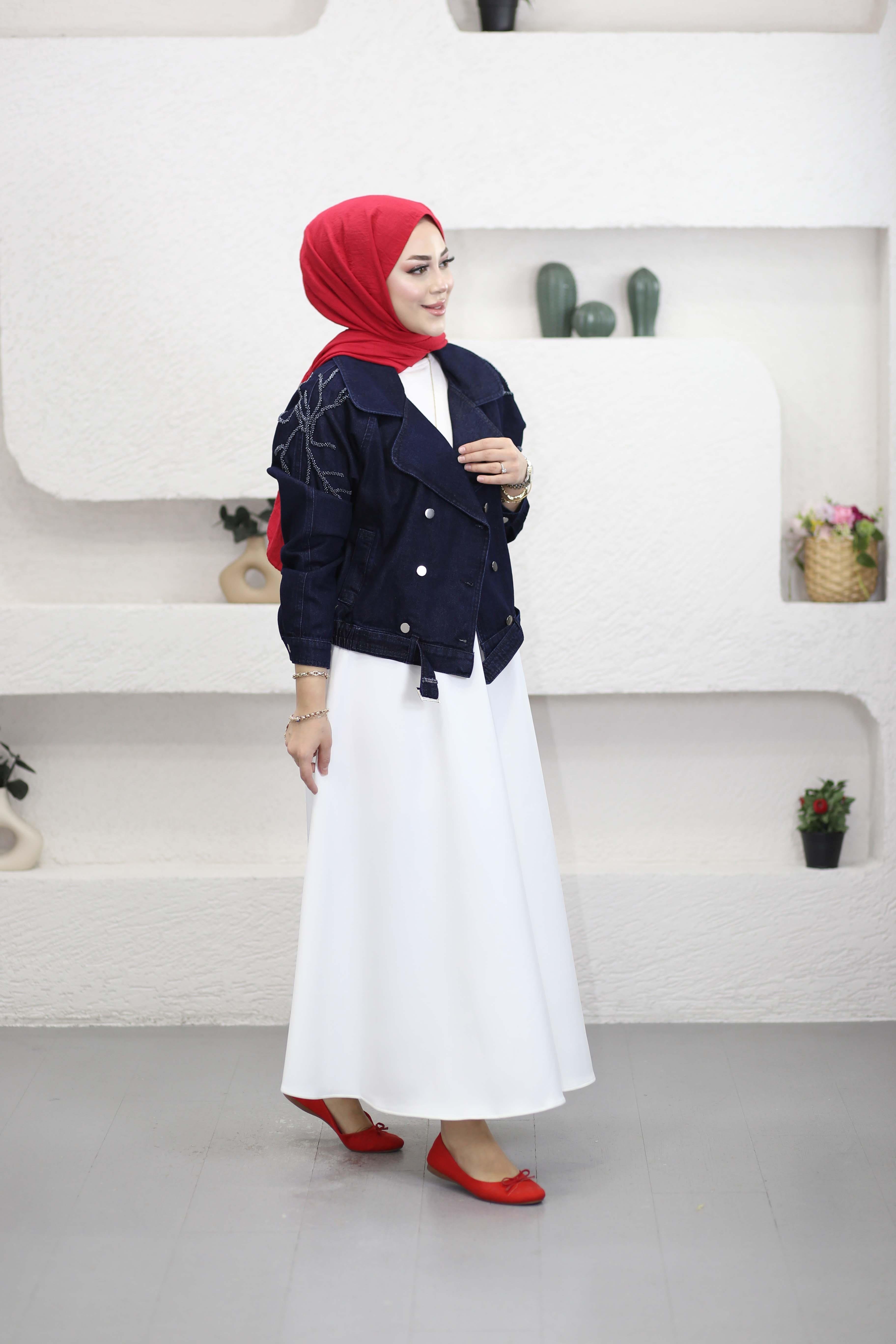 Salkım Taşlı Kot Ceket Koyu Mavi 7466