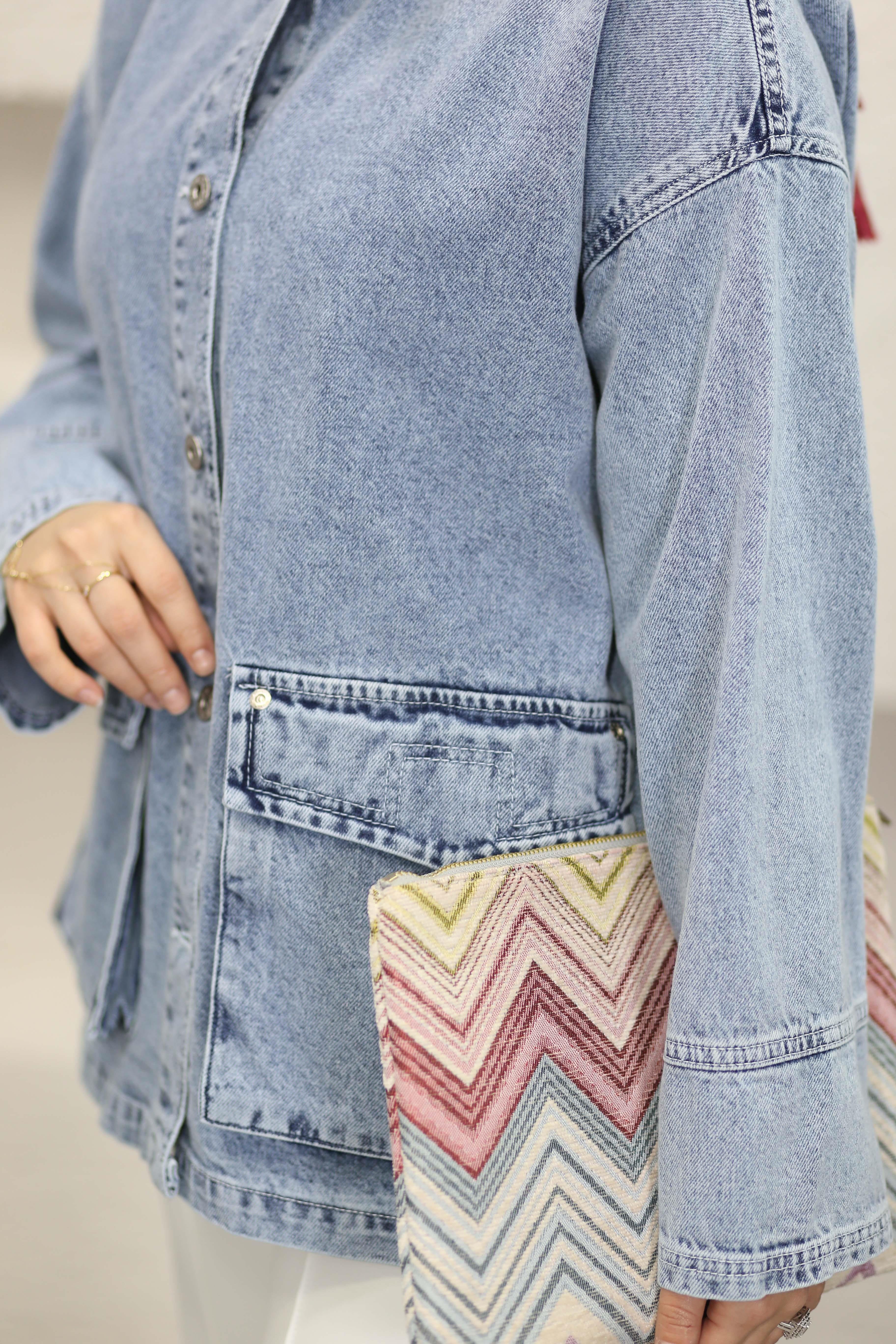 Kapişonlu Denim Ceket Açık Mavi 7437