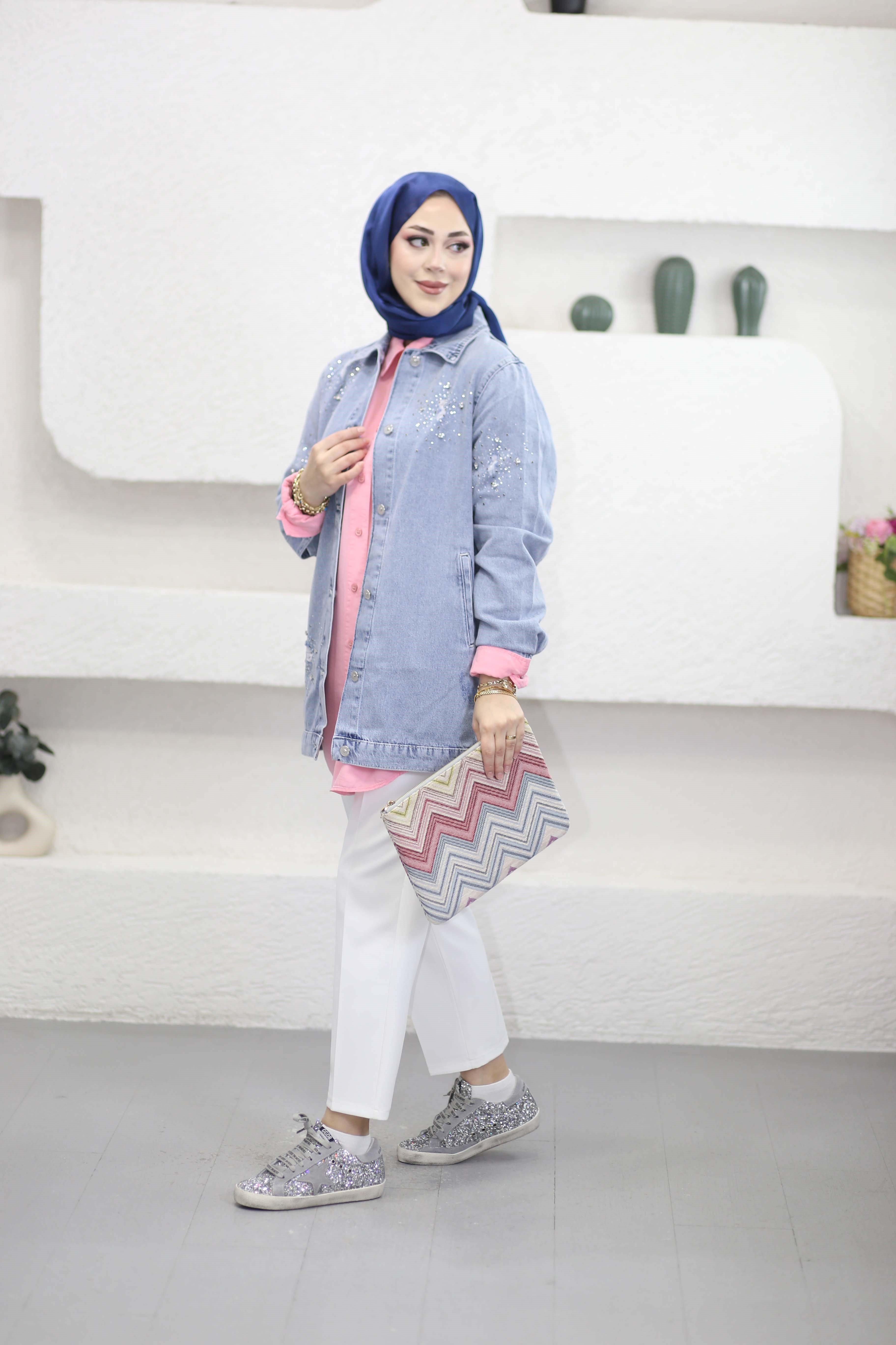 Taşlı Denim Ceket Mavi 16280