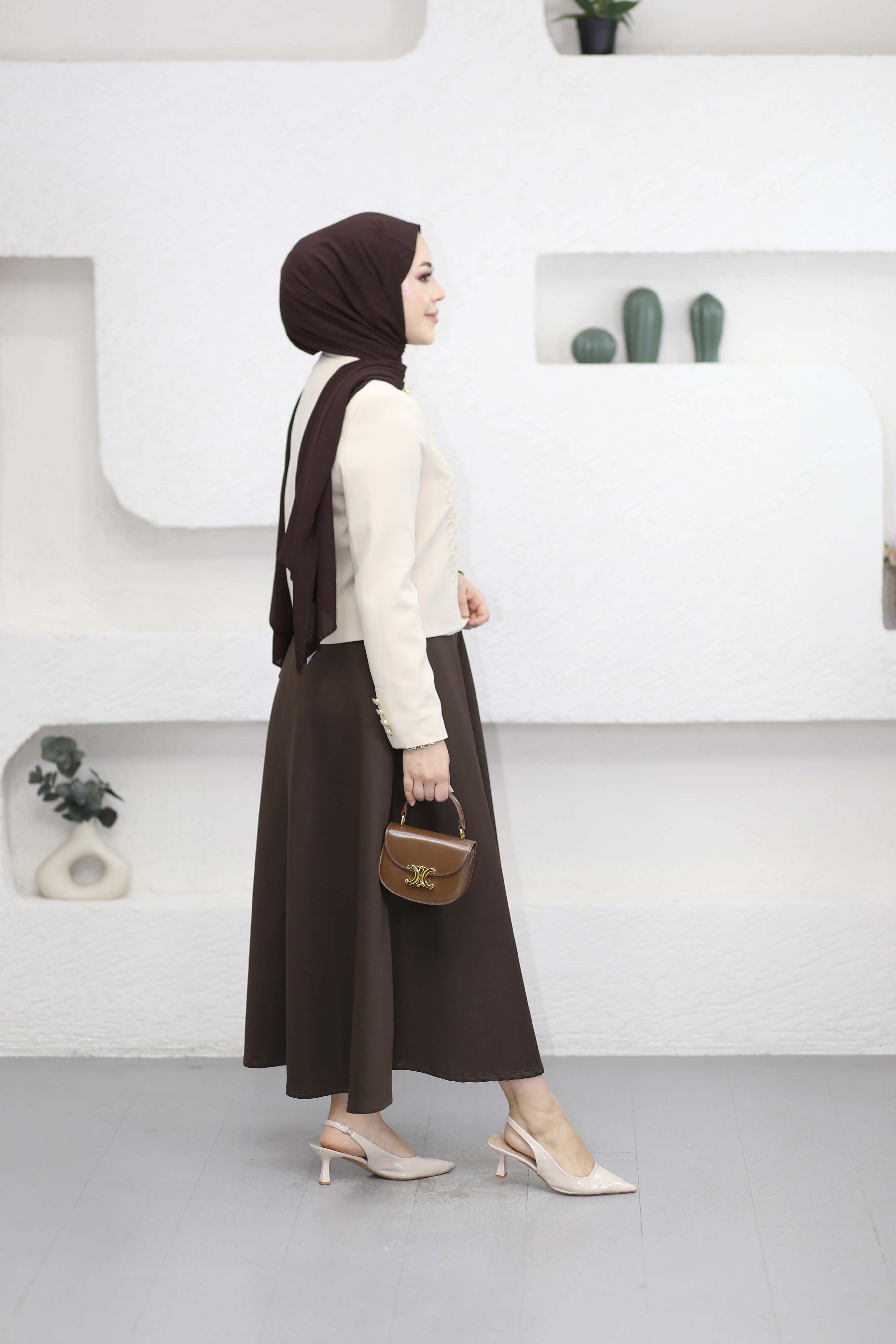 Nakışlı Hakim Yaka Ceket Bej 6351