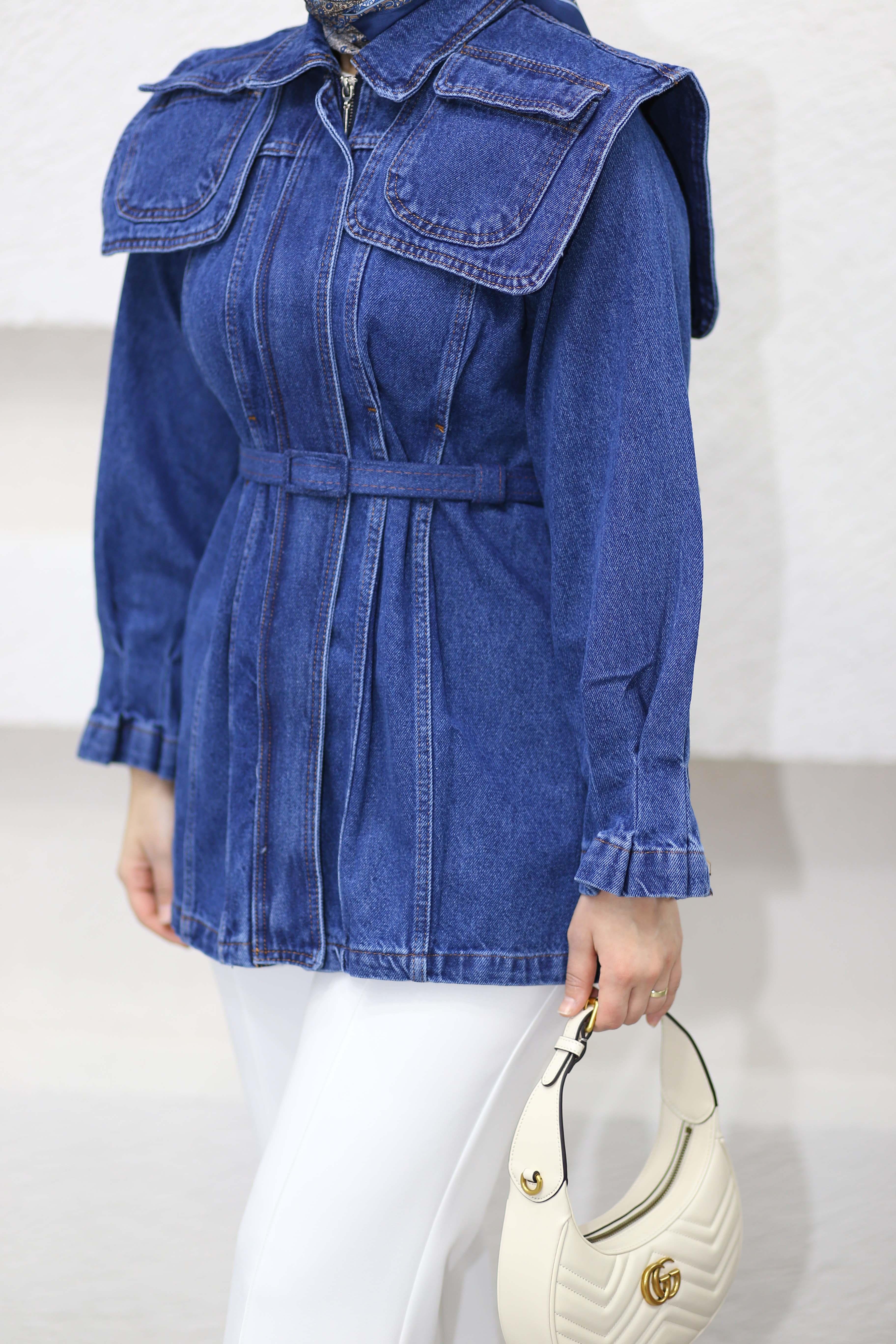Tasarım Detaylı Denim Ceket Koyu Mavi 1143