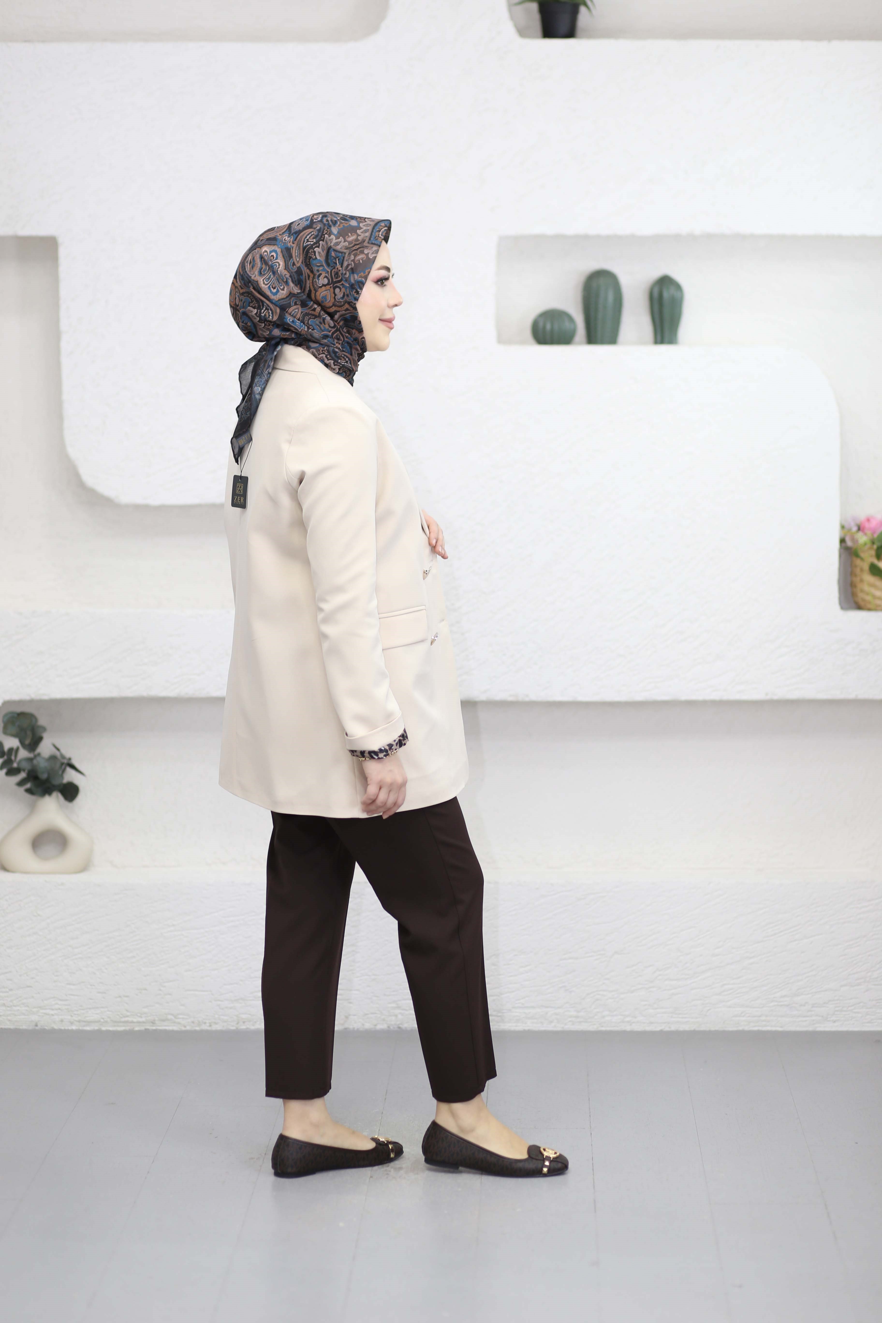 Leopar Astarlı Düğmeli Ceket Bej 1156