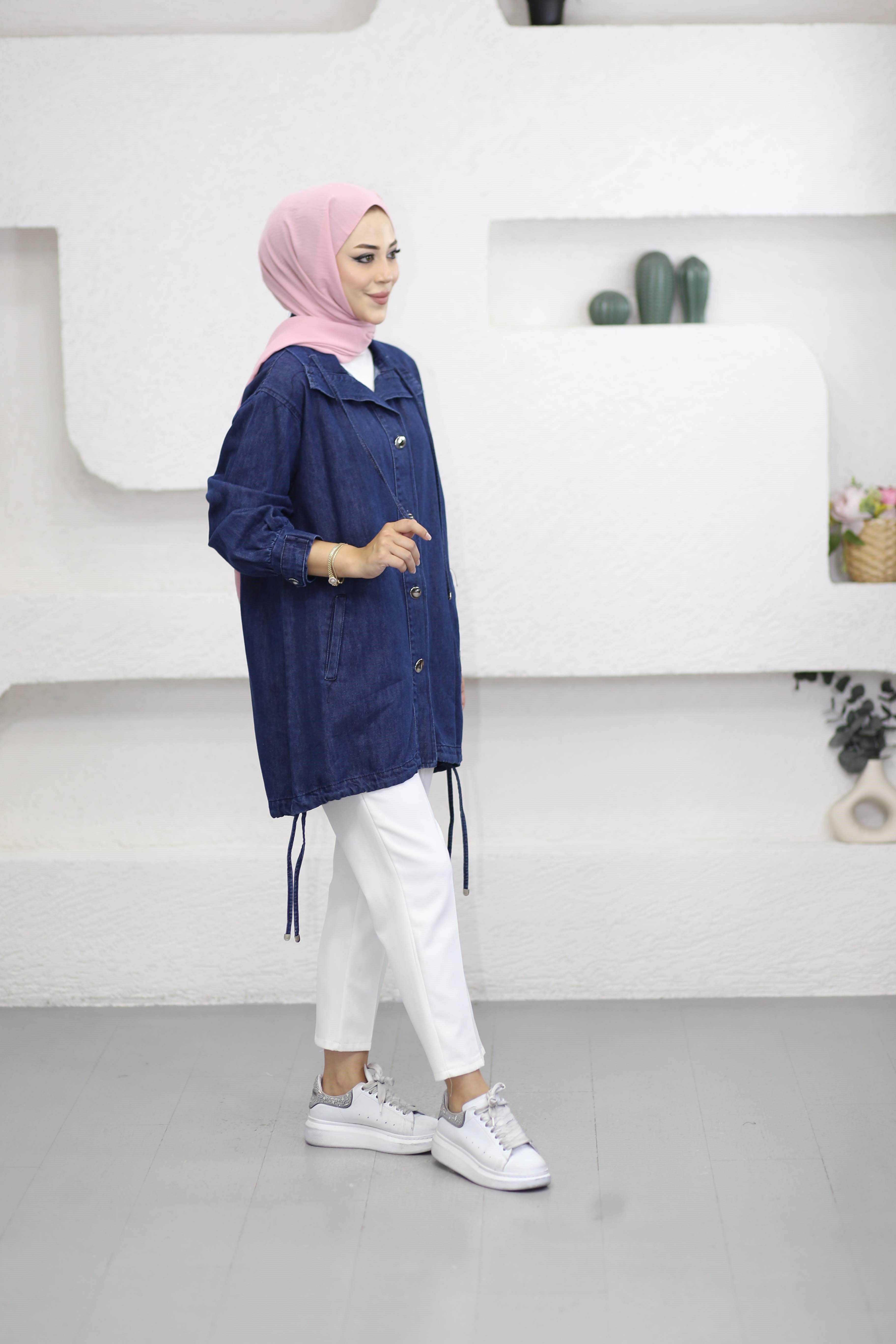 Metal Düğmeli Denim Ceket Koyu Mavi 7564