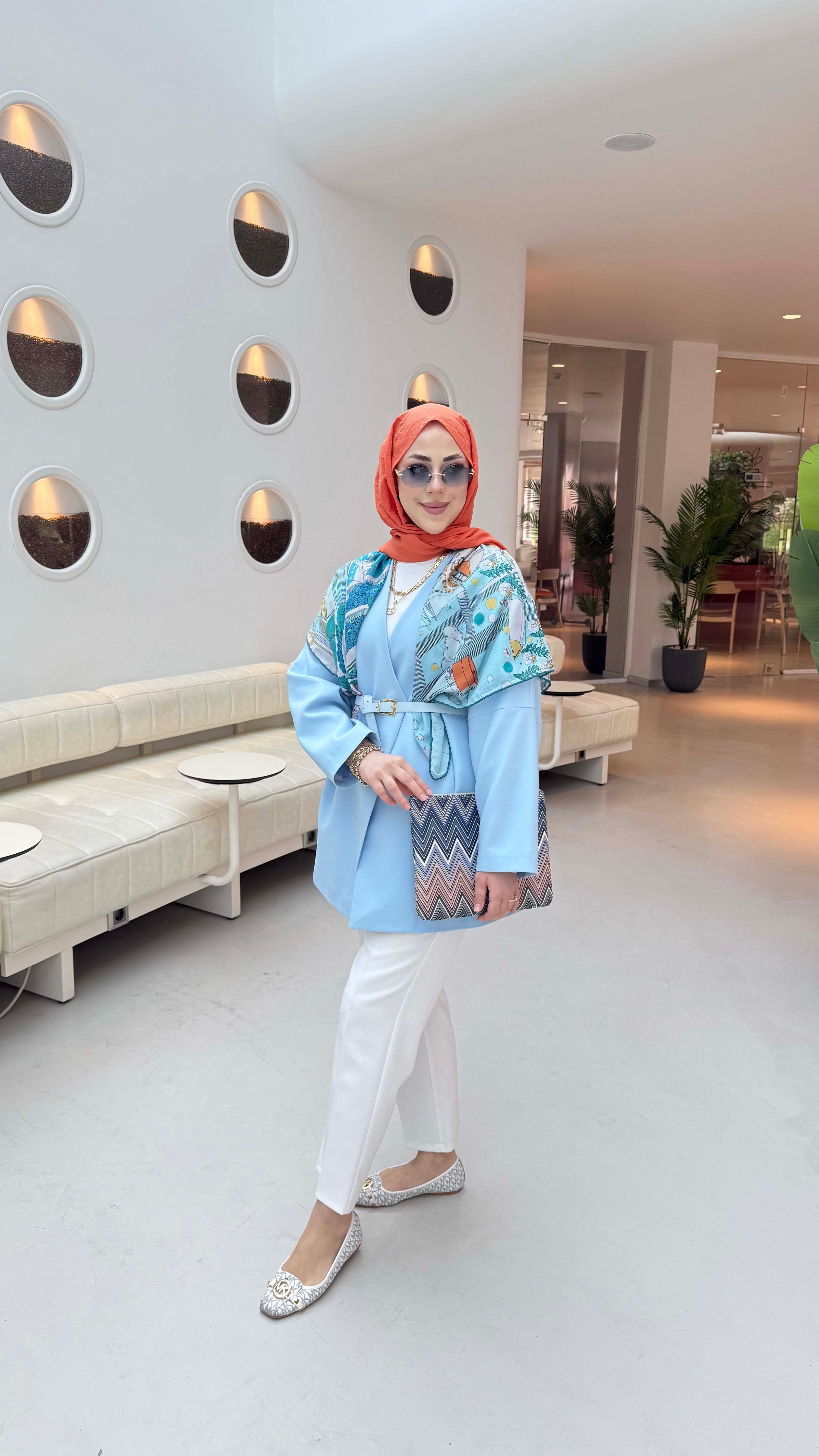 Yakasız Kemer Detaylı Ceket Bebe Mavi 1214