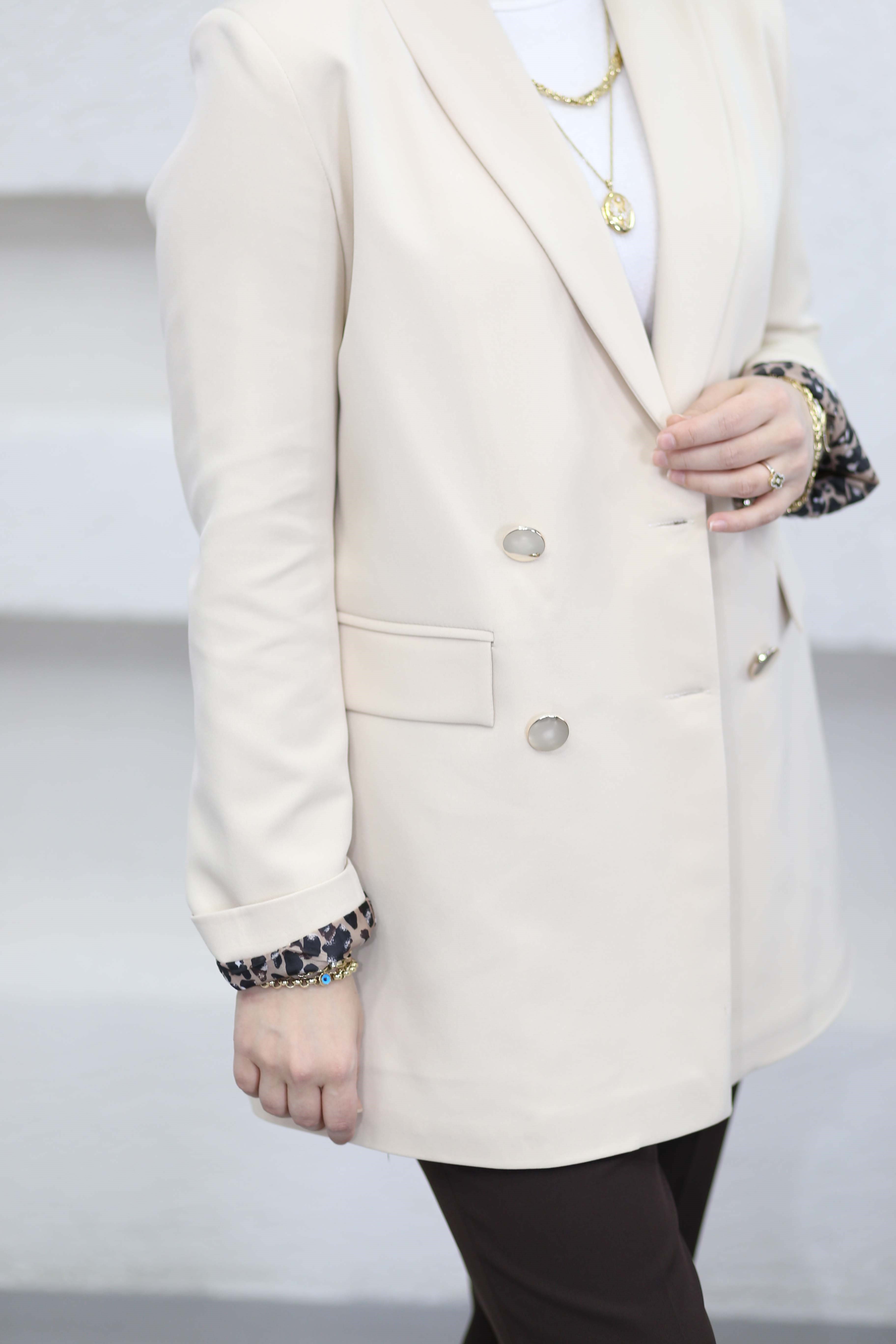 Leopar Astarlı Düğmeli Ceket Bej 1156