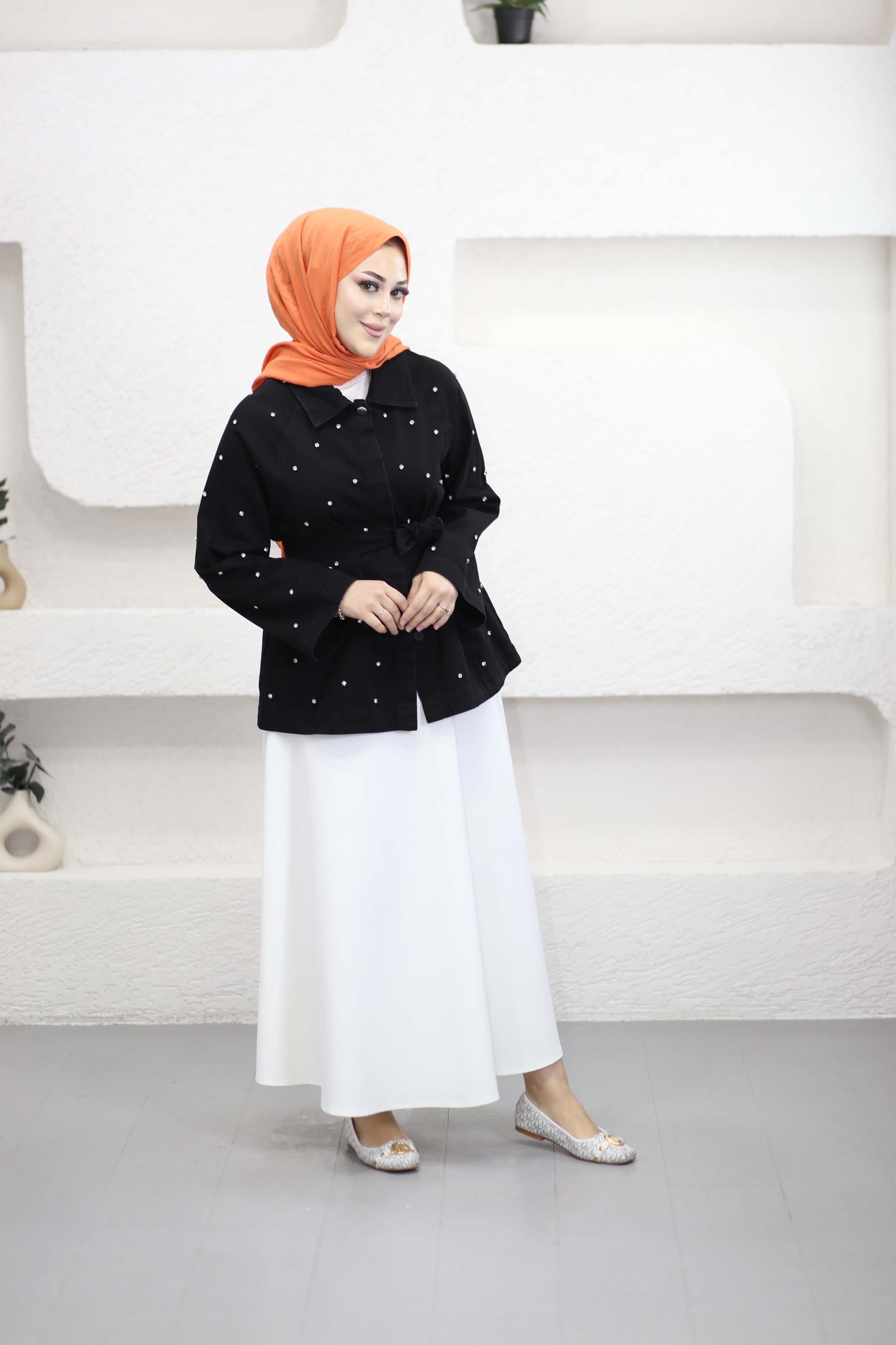 Serpme Taşlı kot Ceket Siyah 7439