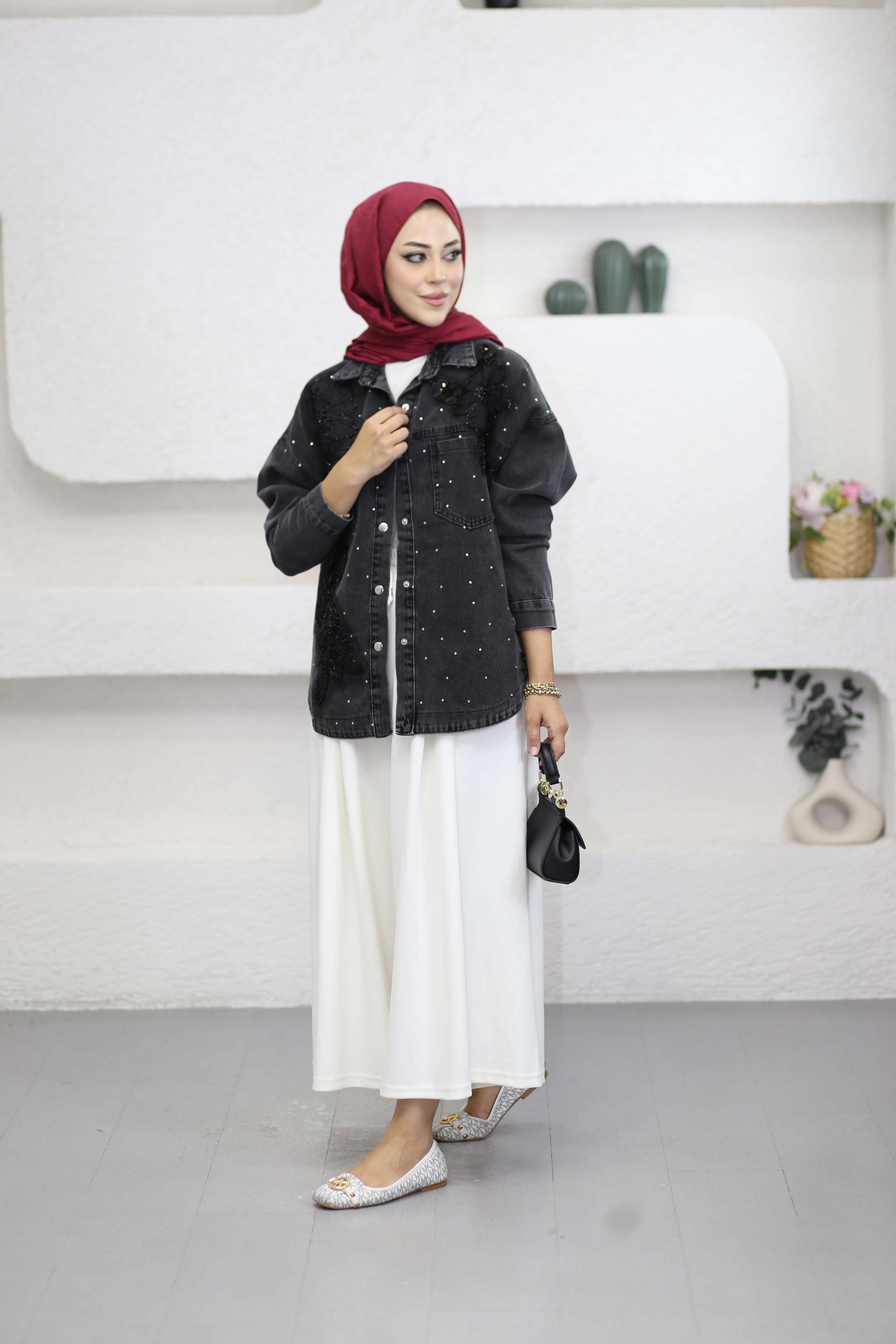Aplikli Kot Ceket Siyah 27004