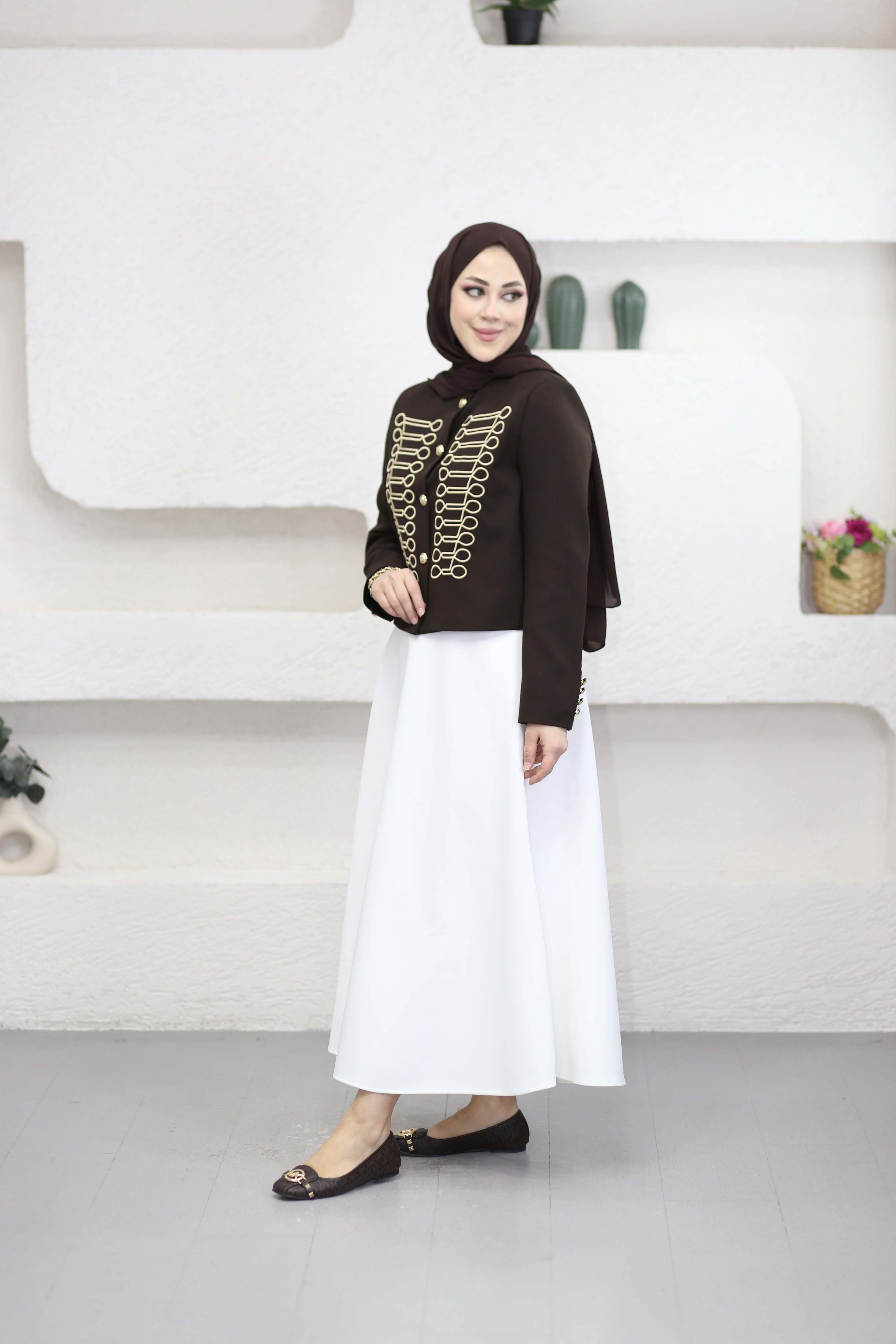 Nakışlı Hakim Yaka Ceket Kahverengi 6351