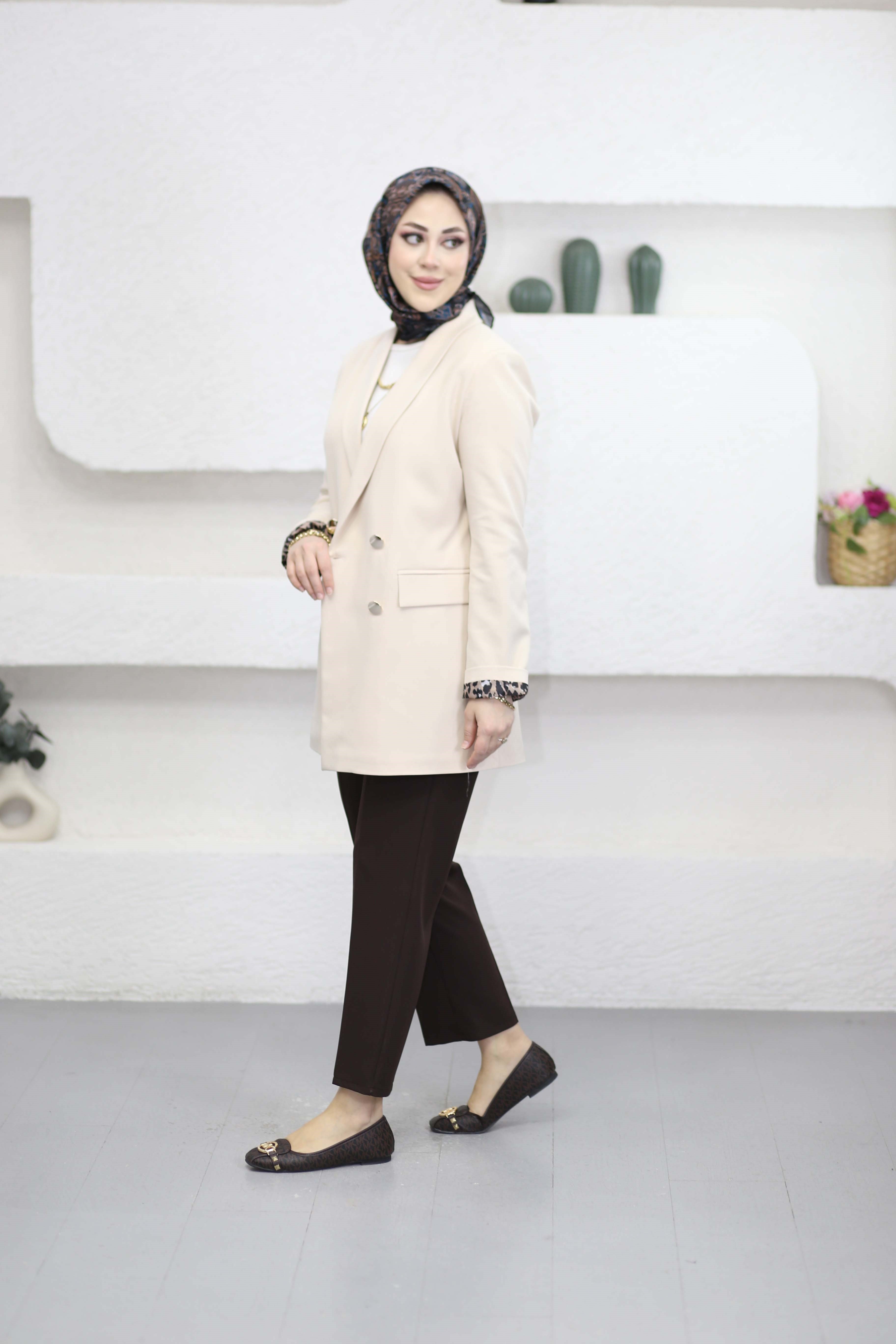 Leopar Astarlı Düğmeli Ceket Bej 1156