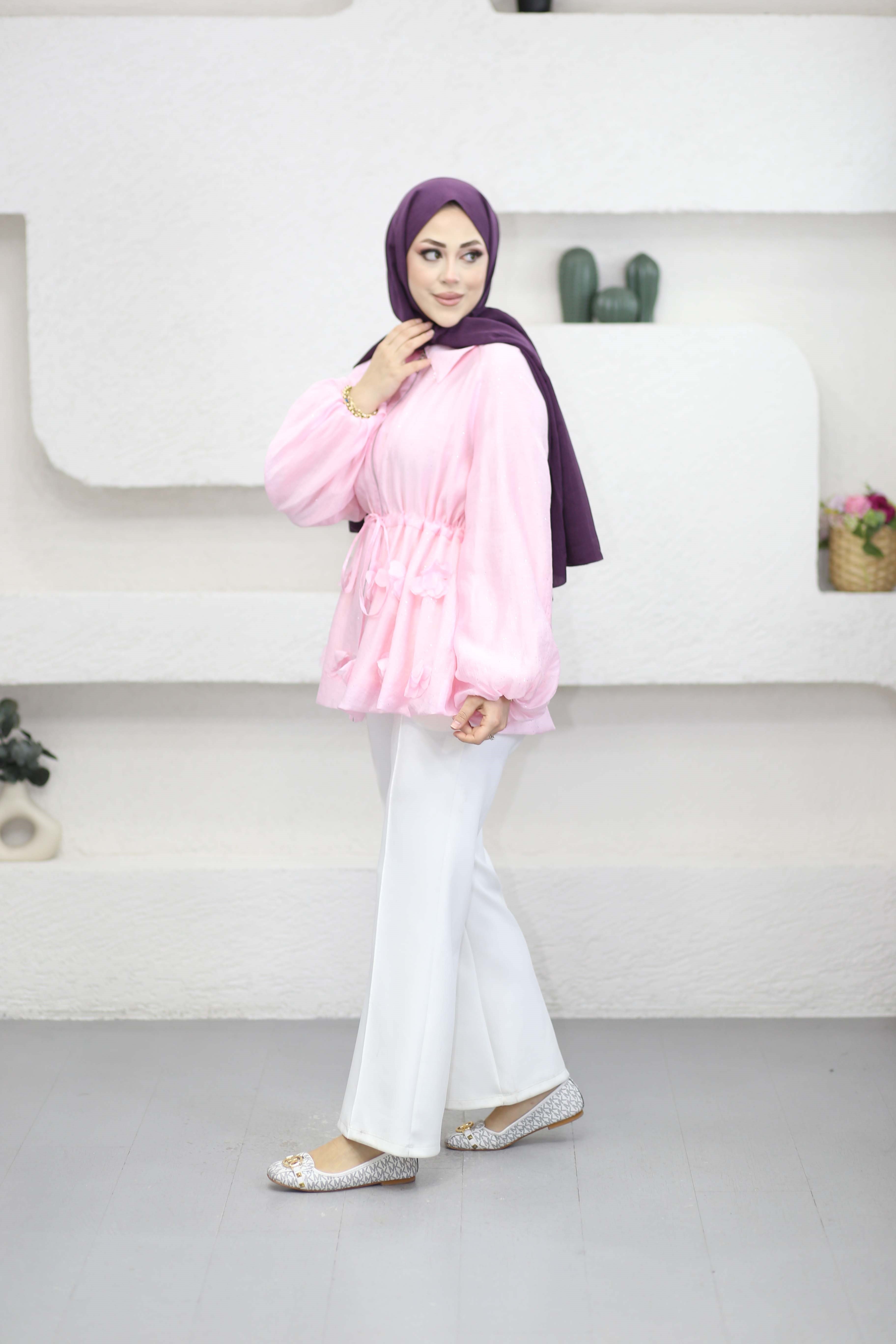 Simli Tencel Balon Ceket Pembe 26043