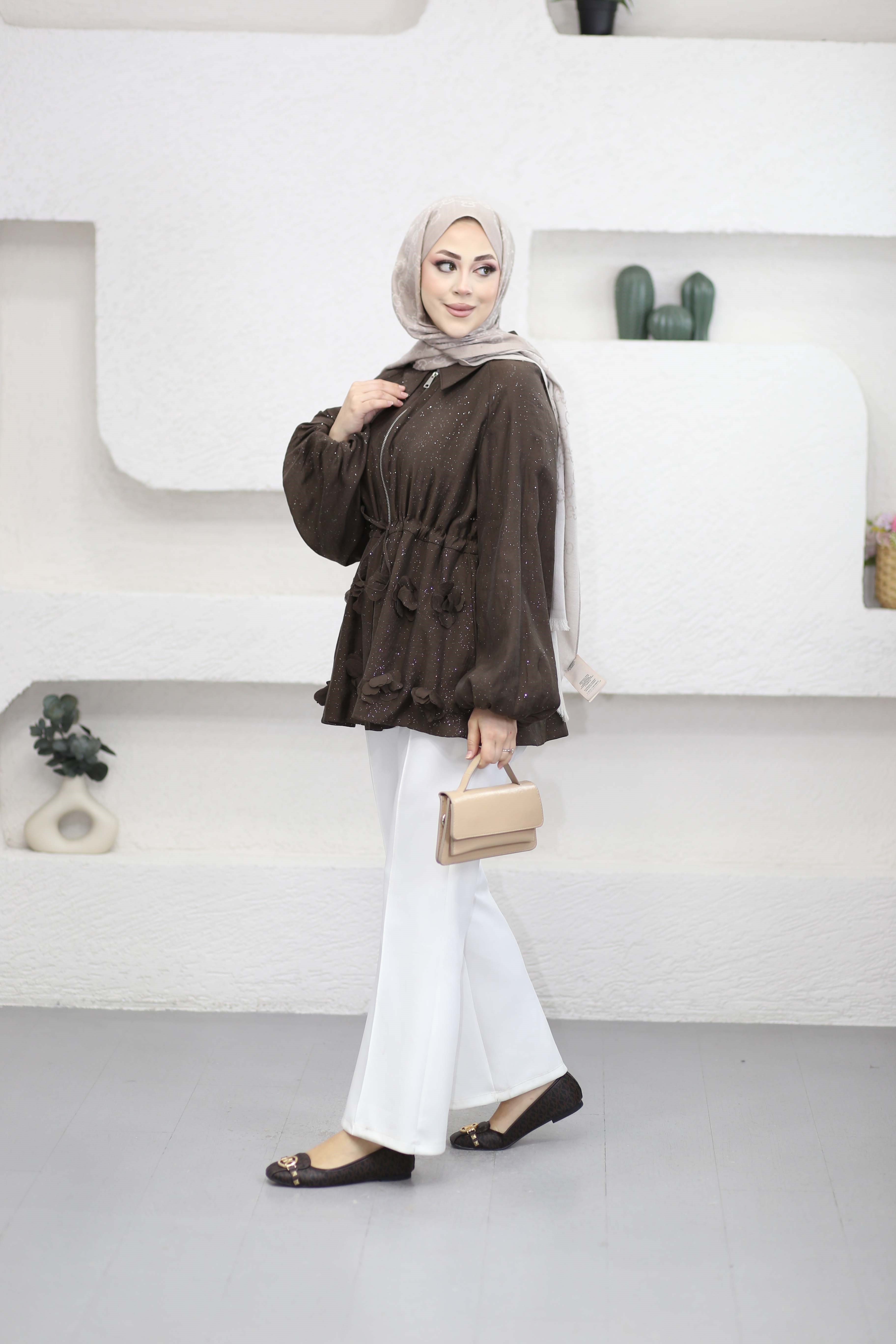 Simli Tencel Balon Ceket Kahverengi 26043