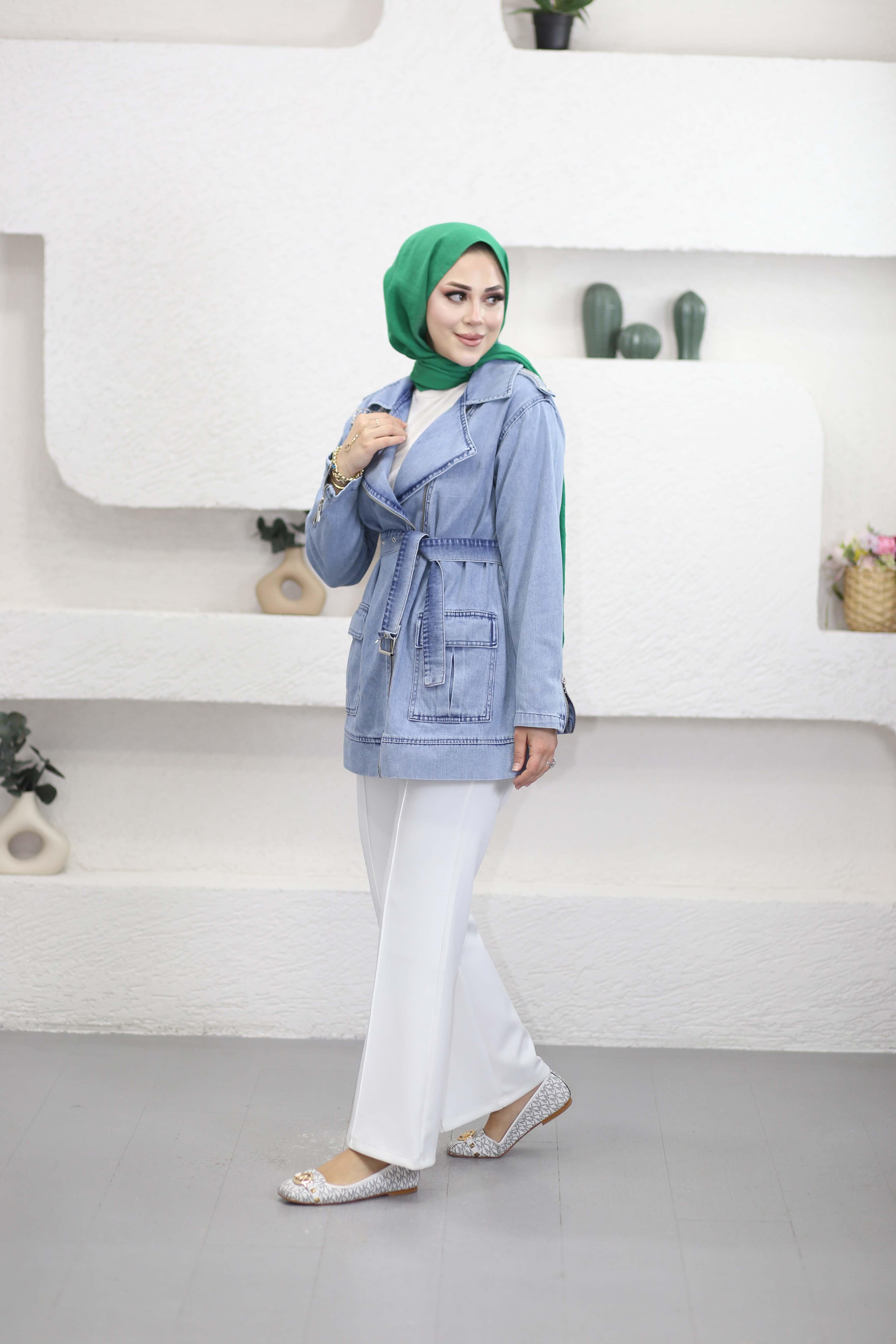 Taş Omuzlu Denim Ceket Açık Mavi 7471