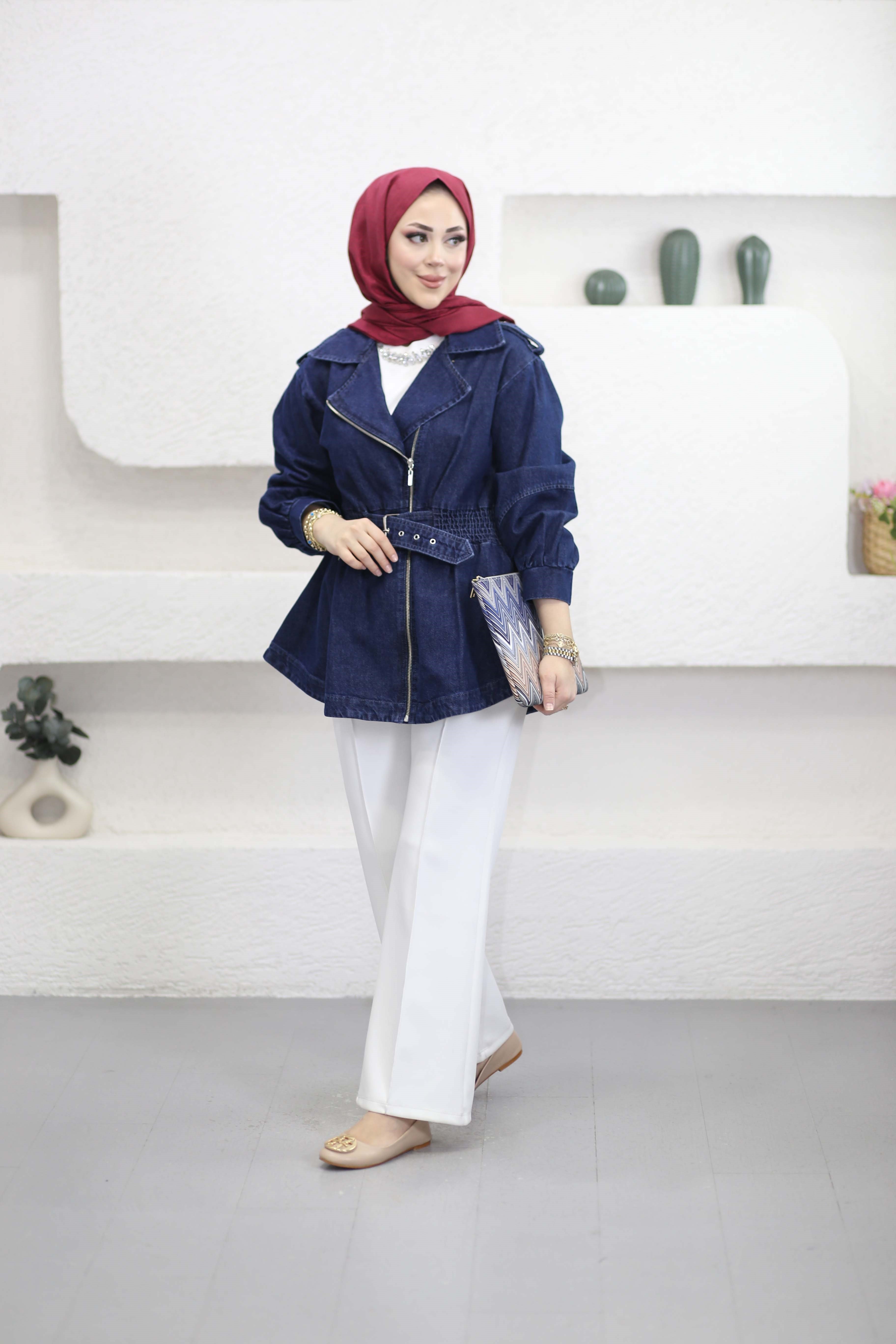 Beli Bağlamalı Ceket Koyu Mavi 7306