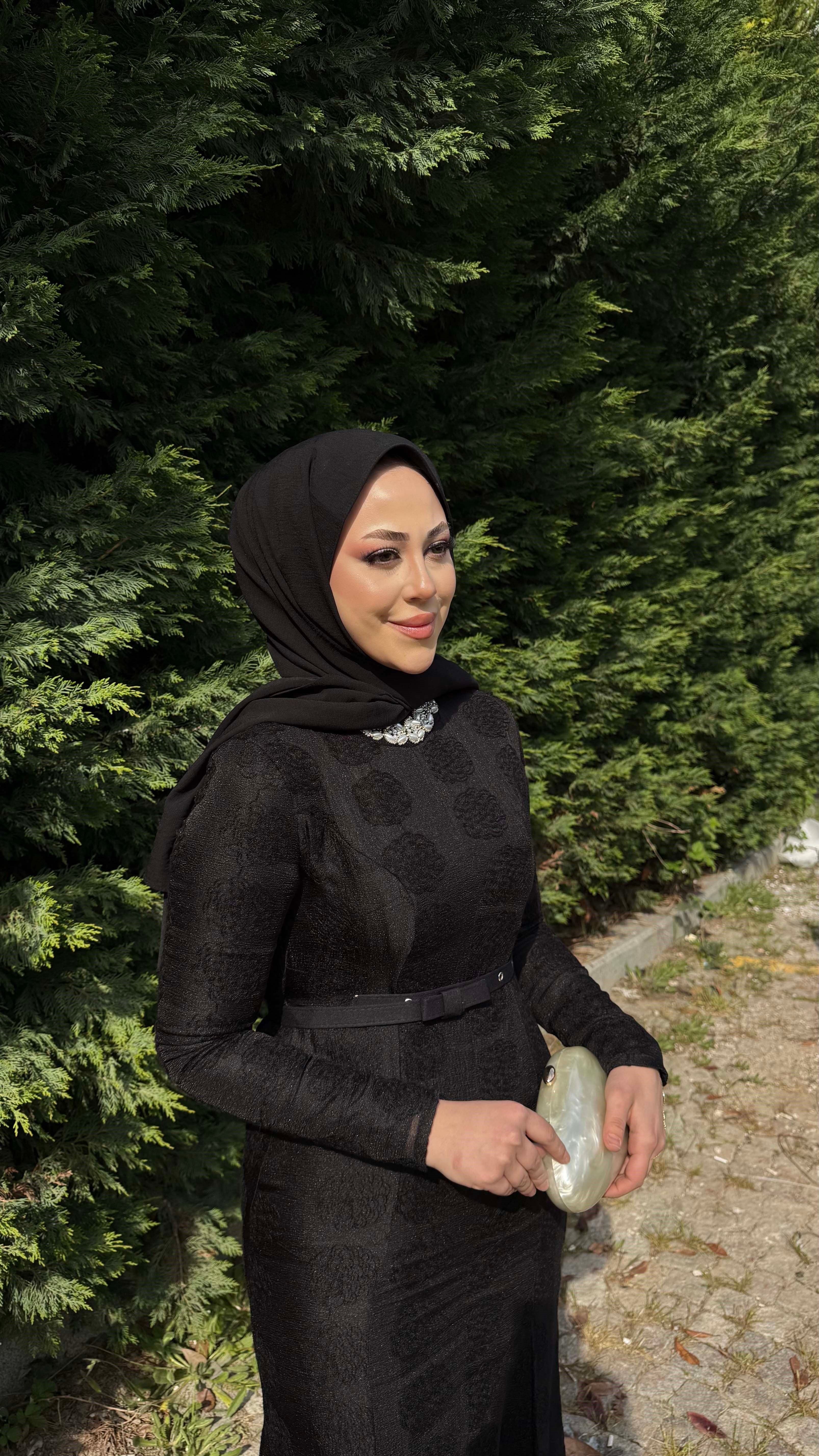 İnci Yaka Güpür Elbise Siyah 5775