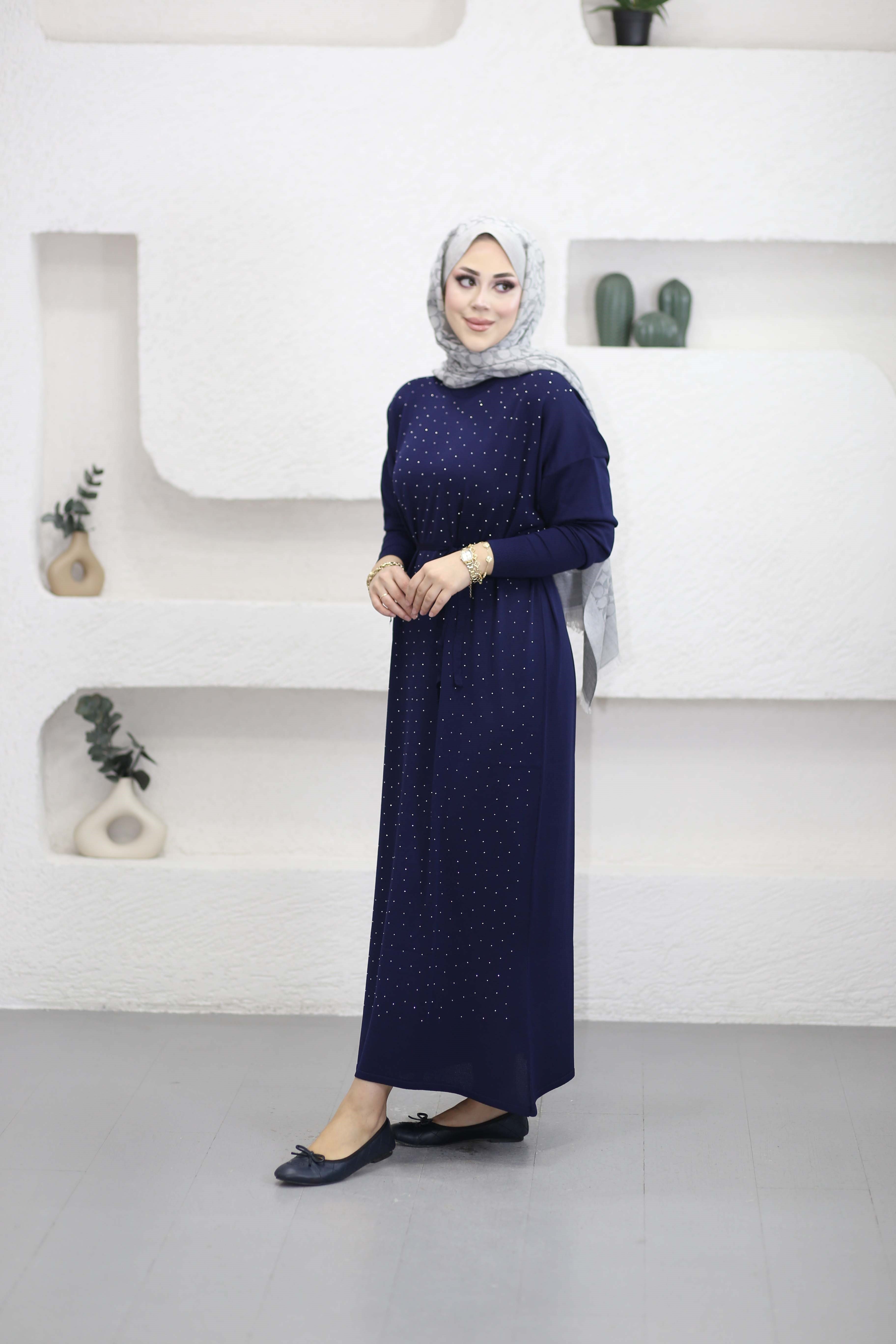 Taşlı Merserize Elbise Lacivert 25270