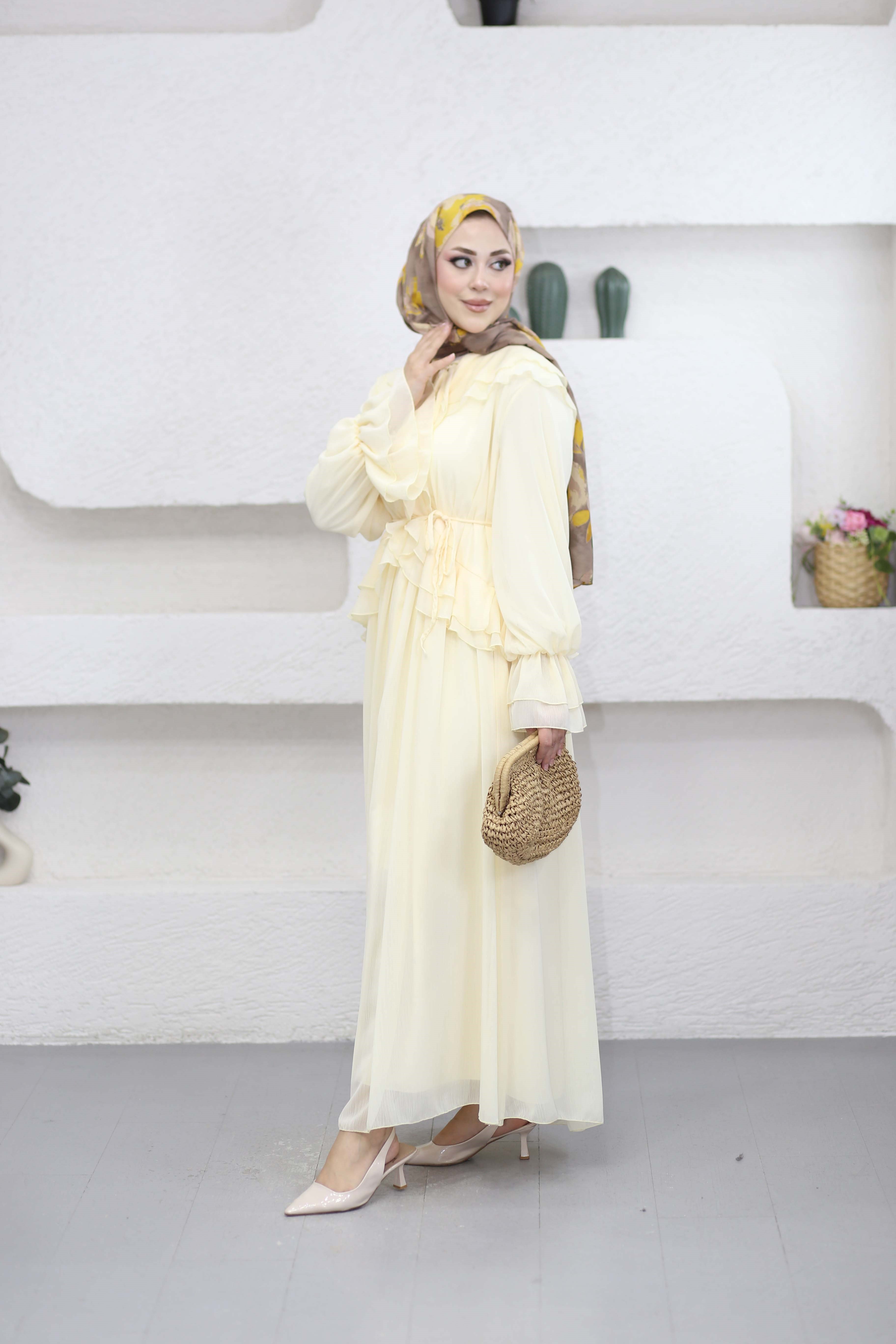 Volanlı Şifon Elbise Sarı 8519