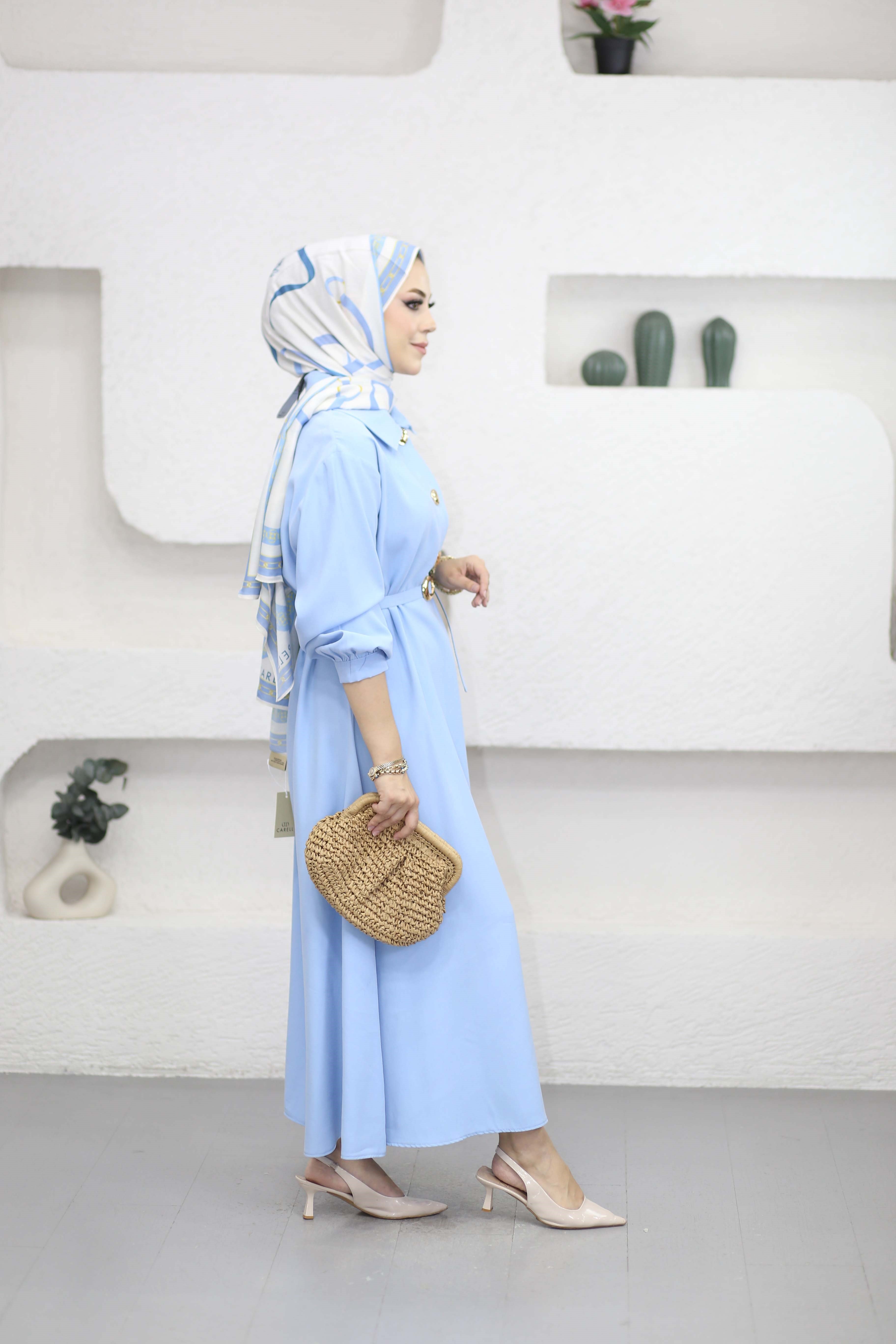 Yakalı Kemerli Elbise Bebe Mavi 5525
