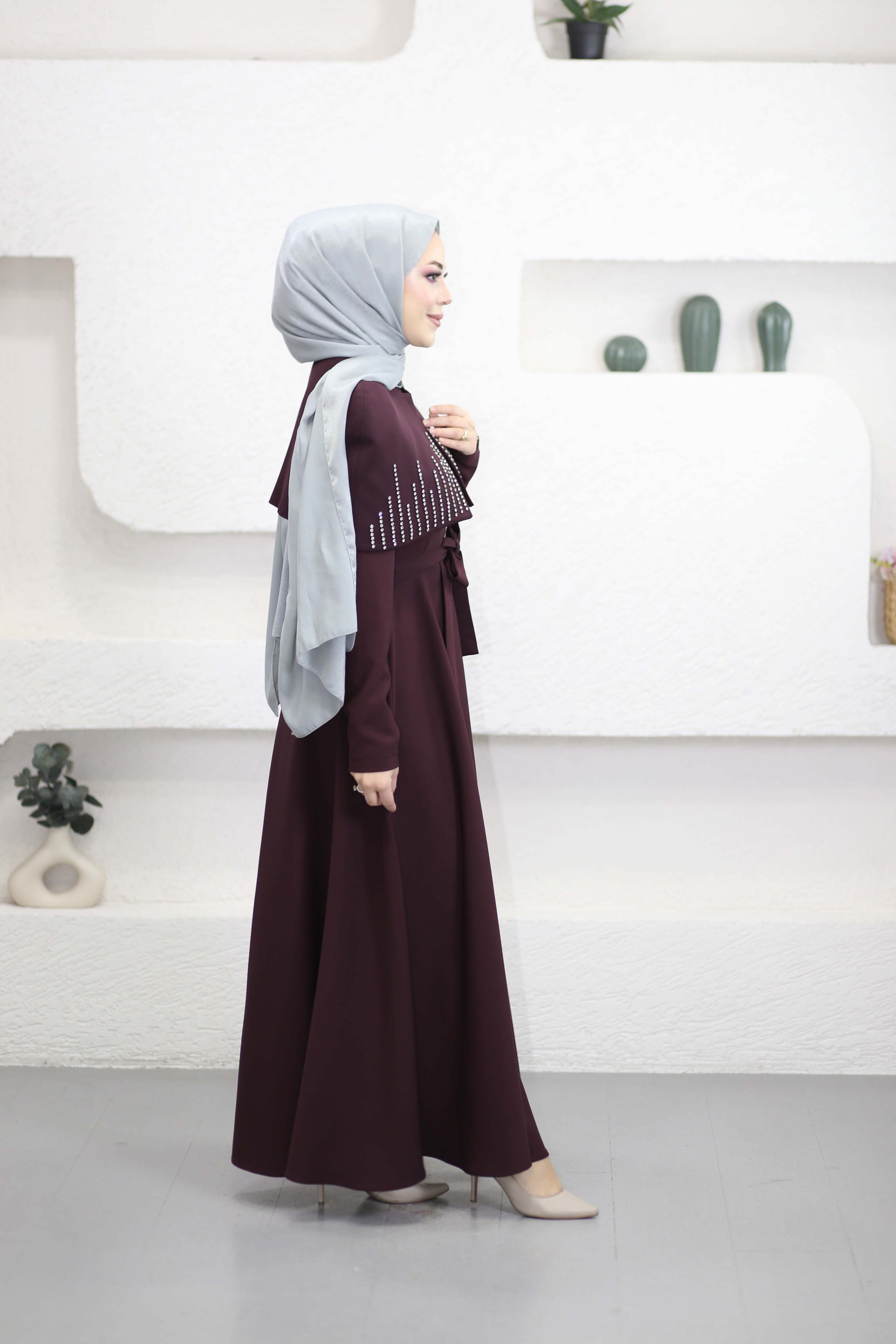 Taş Detaylı Bolerolu Elbise Bordo 26091
