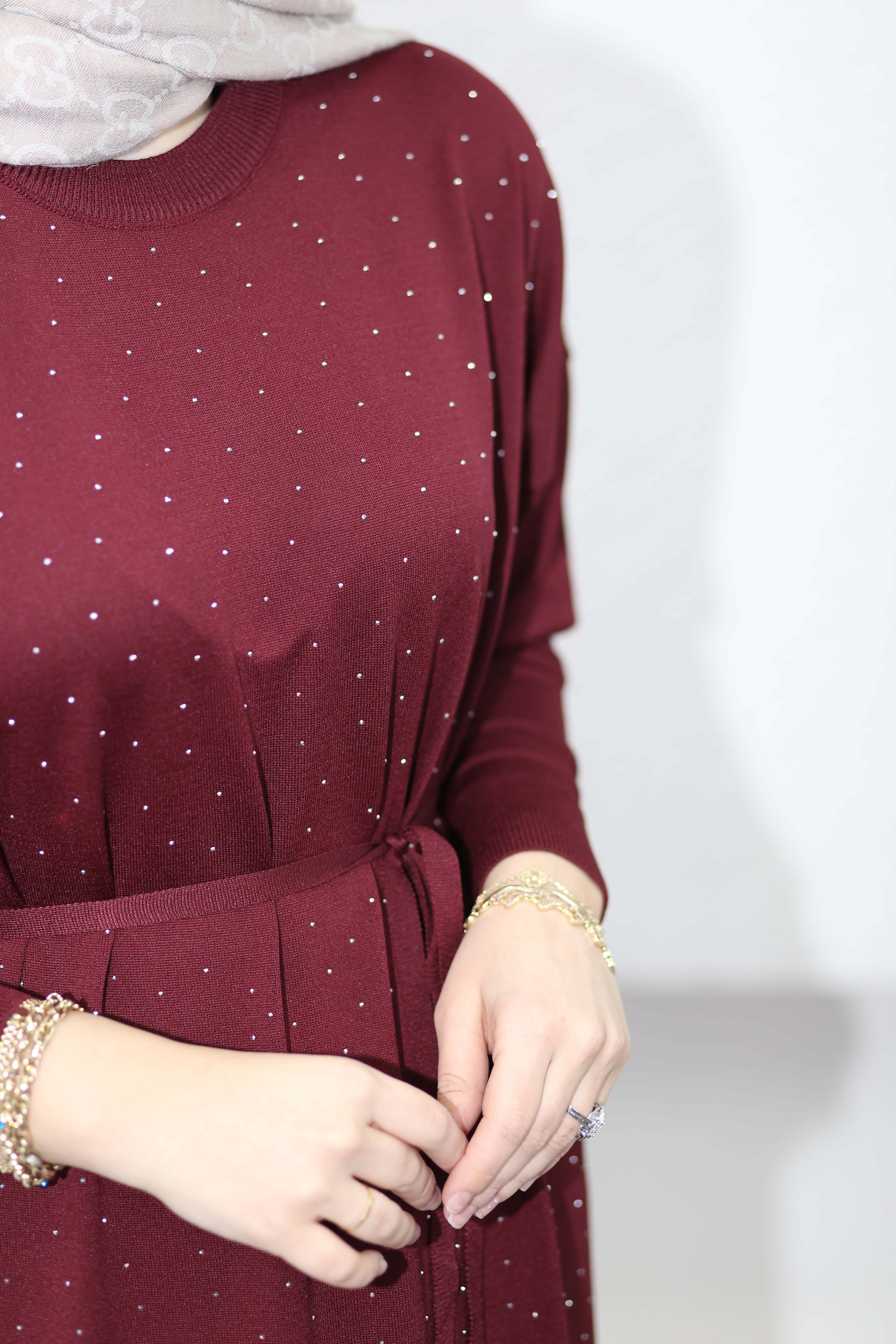 Taşlı Merserize Elbise Bordo 25270