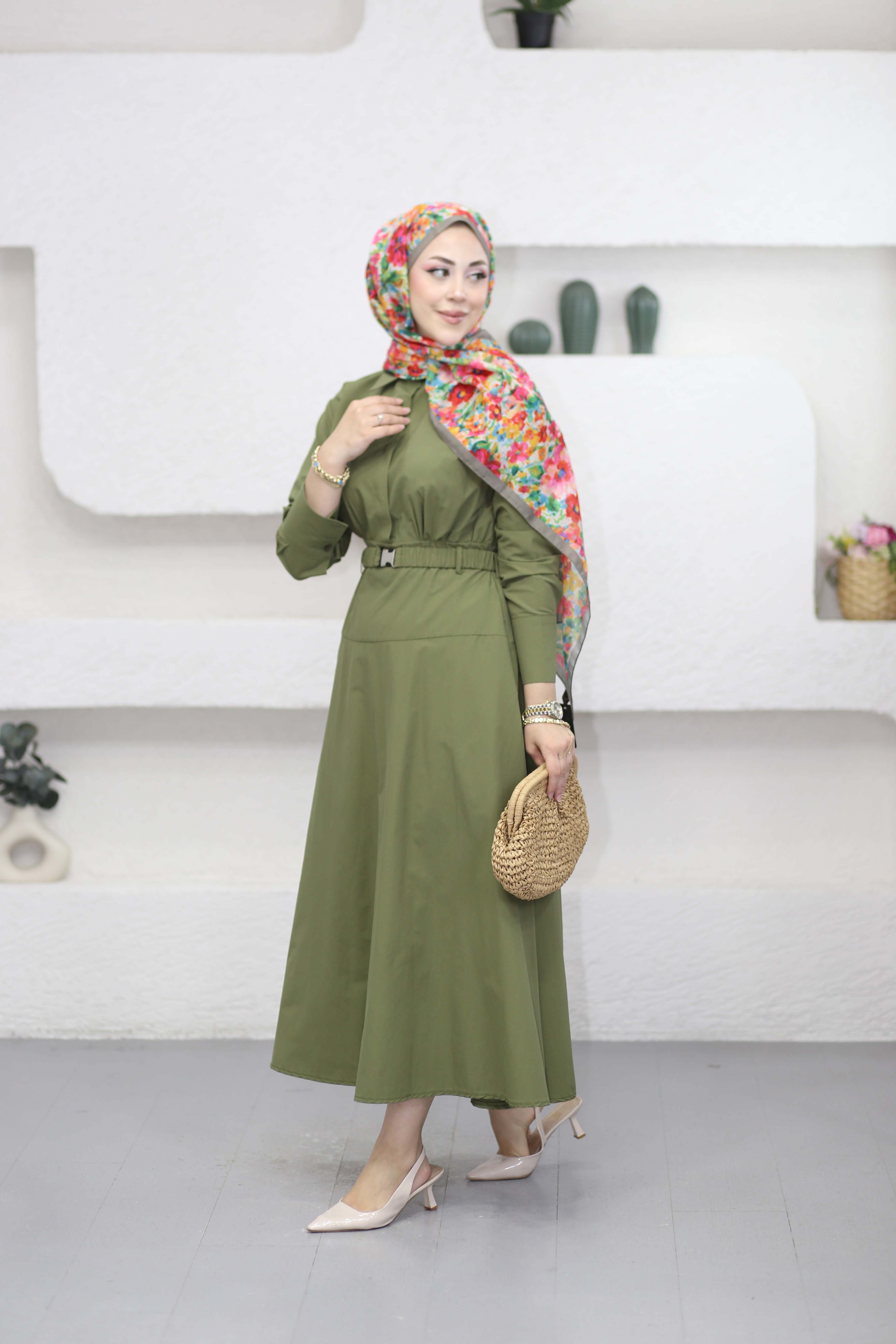 Lastik Kemerli Elbise Haki 5516