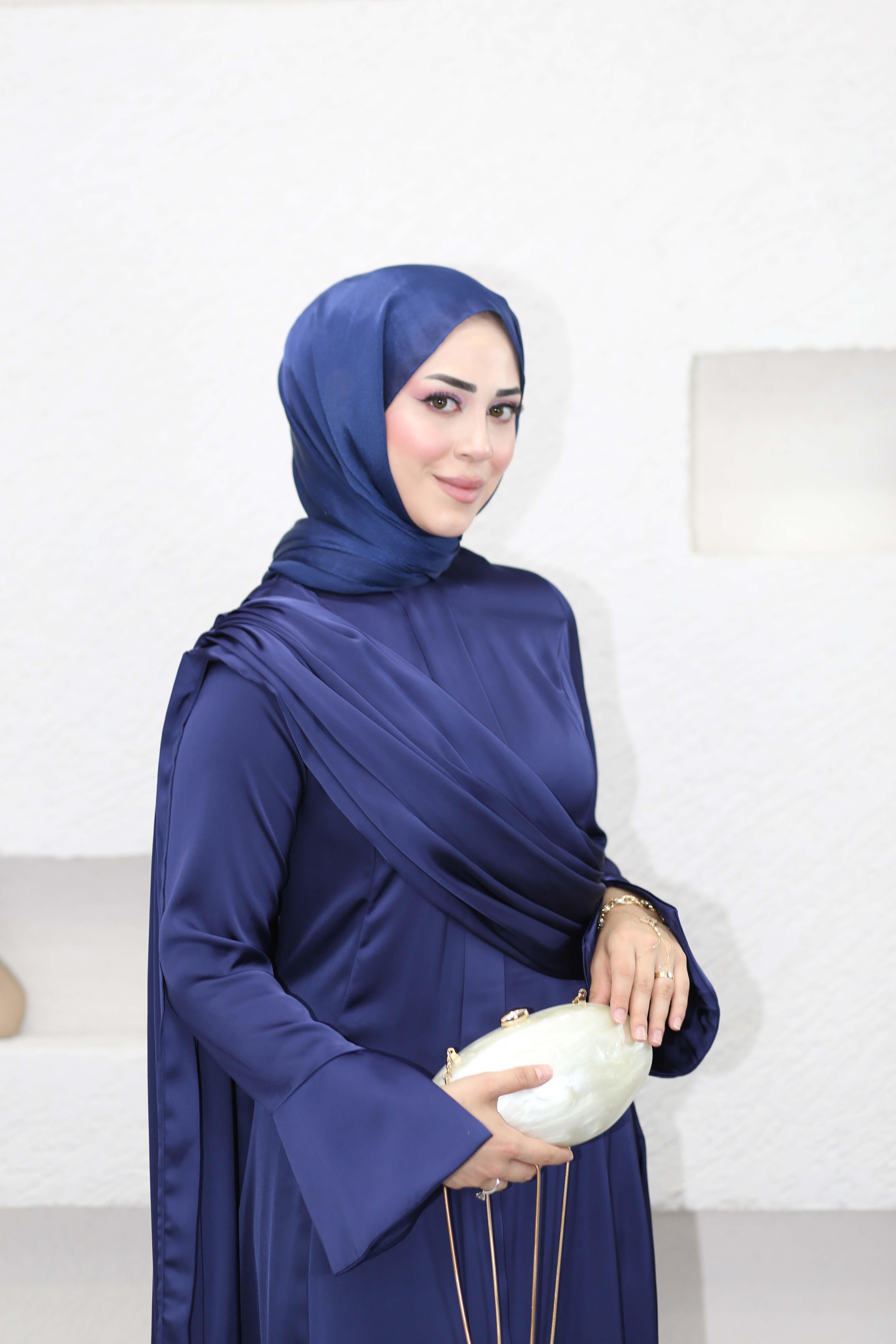 Saten Drape Elbise Lacivert 9965