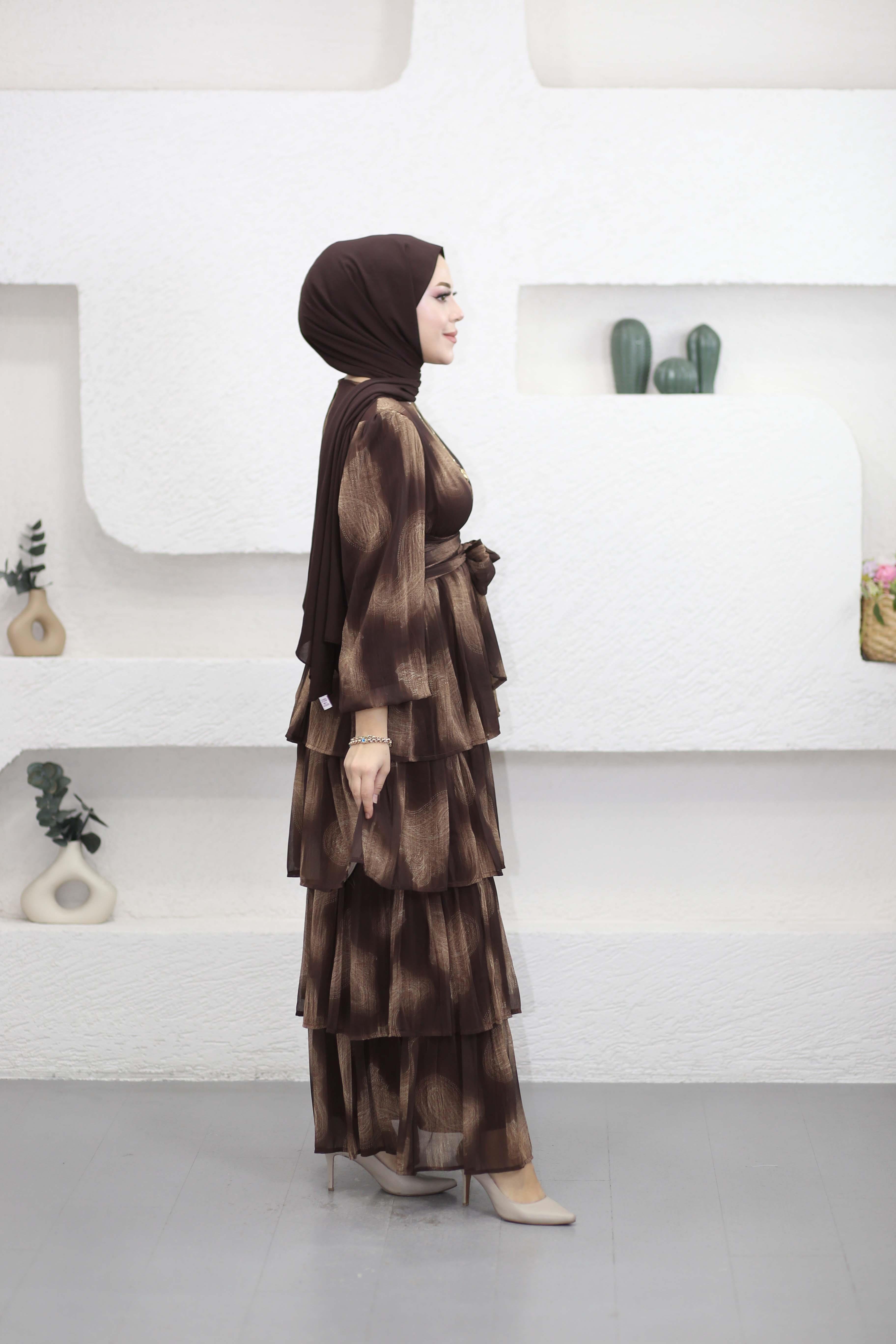 Kuşak Detaylı Kat Elbise Kahverengi 2286