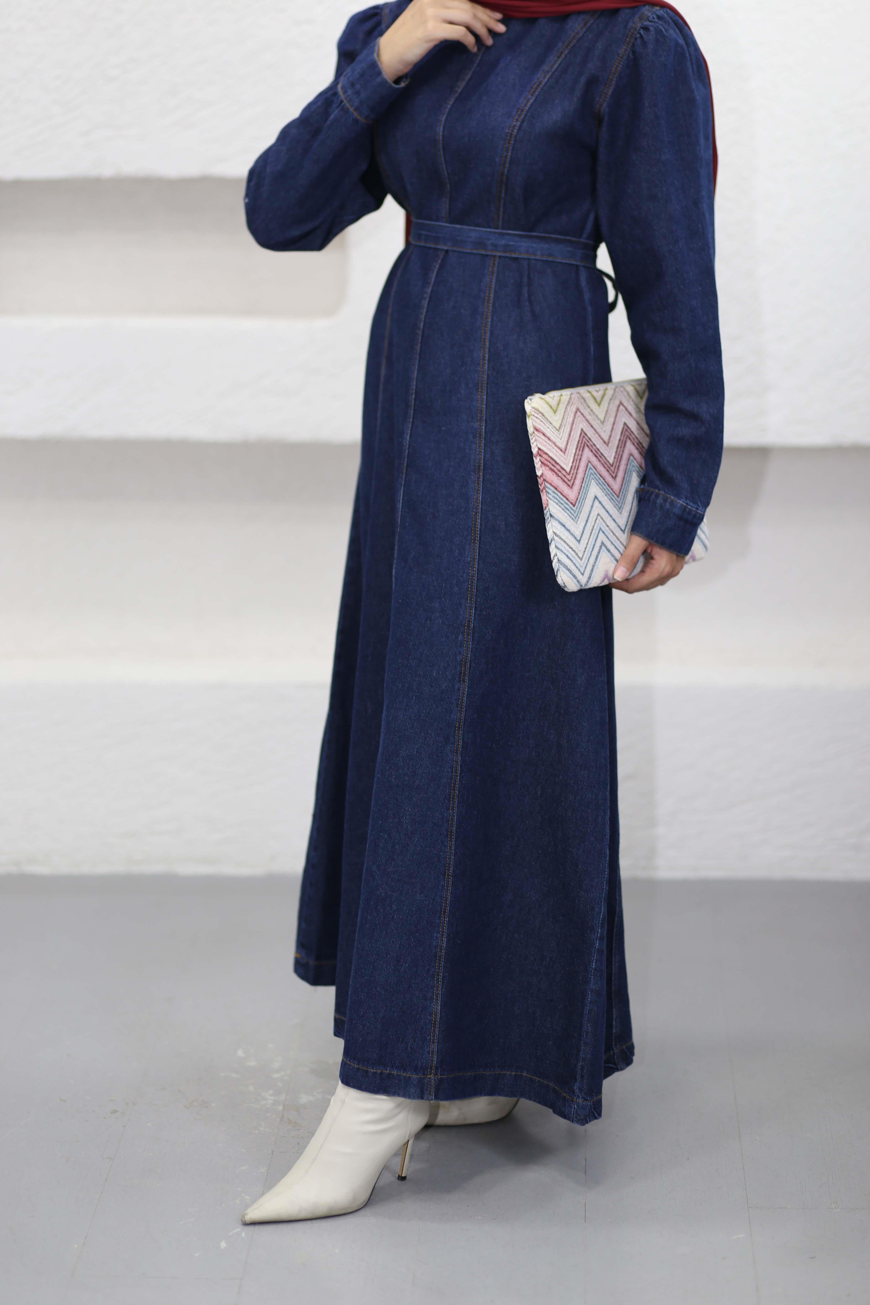 Dikiş Detaylı Denim Elbise Koyu Mavi 91010