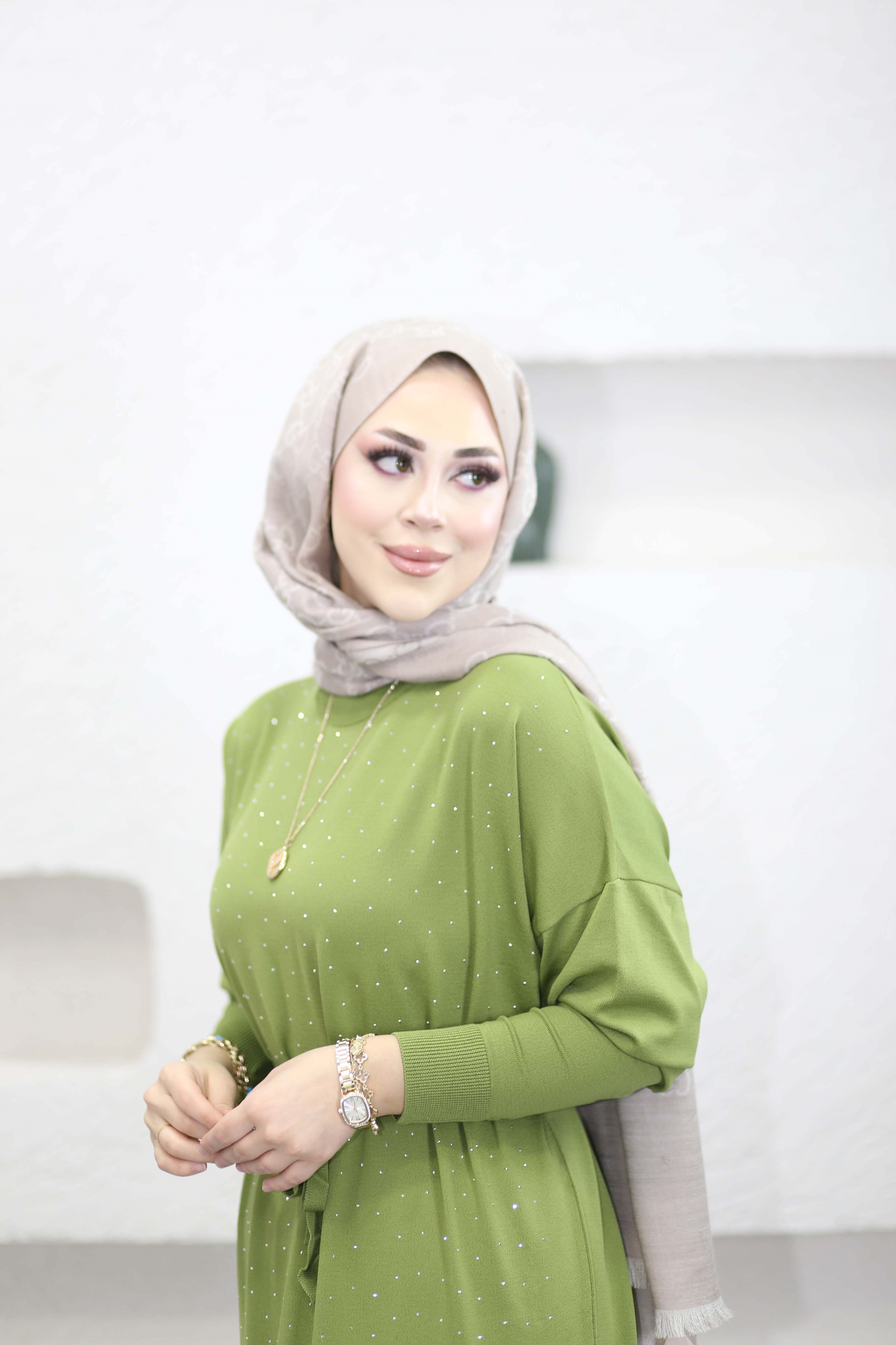 Taşlı Merserize Elbise Fıstık Yeşil 25270
