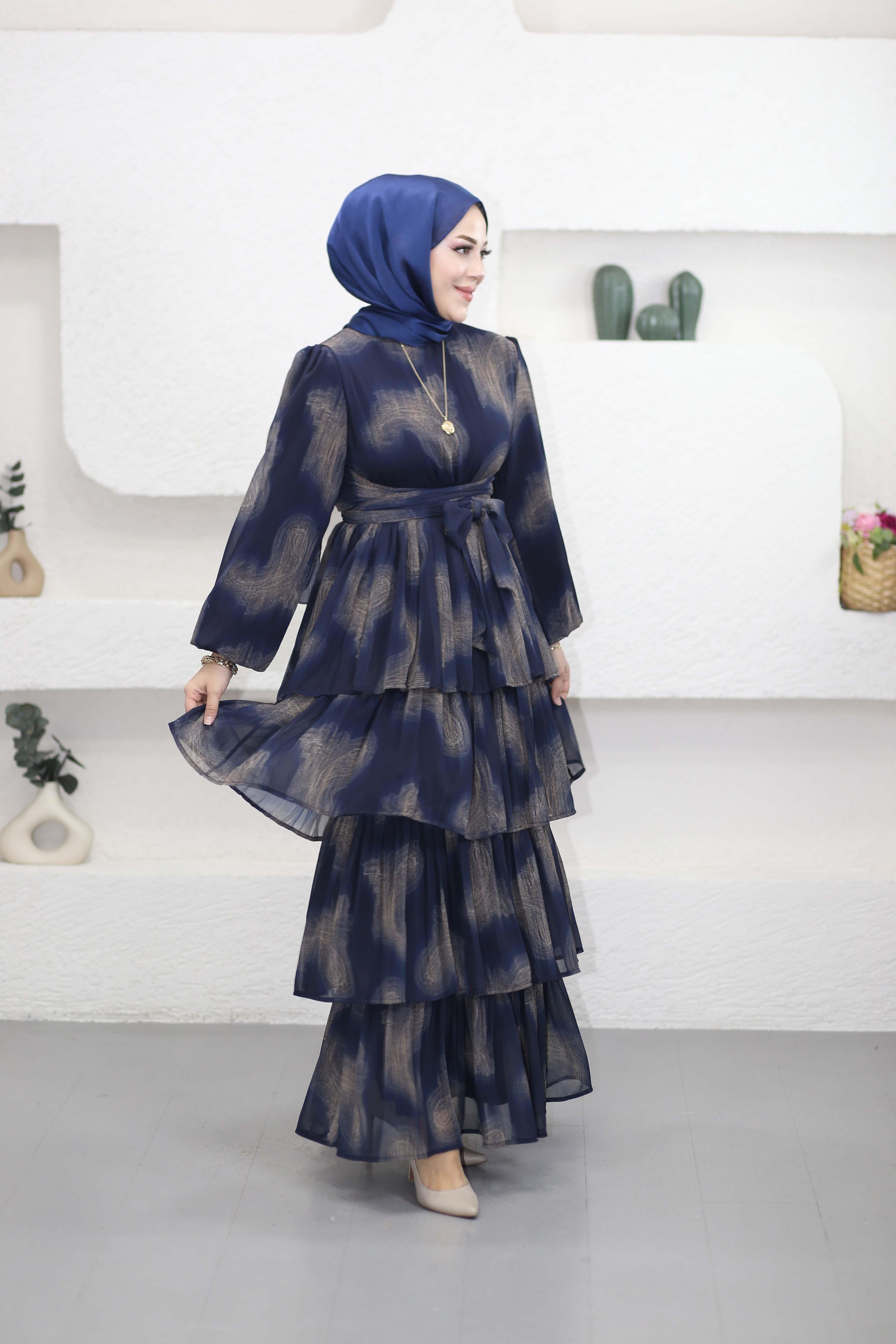 Kuşak Detaylı Kat Elbise Lacivert 2286