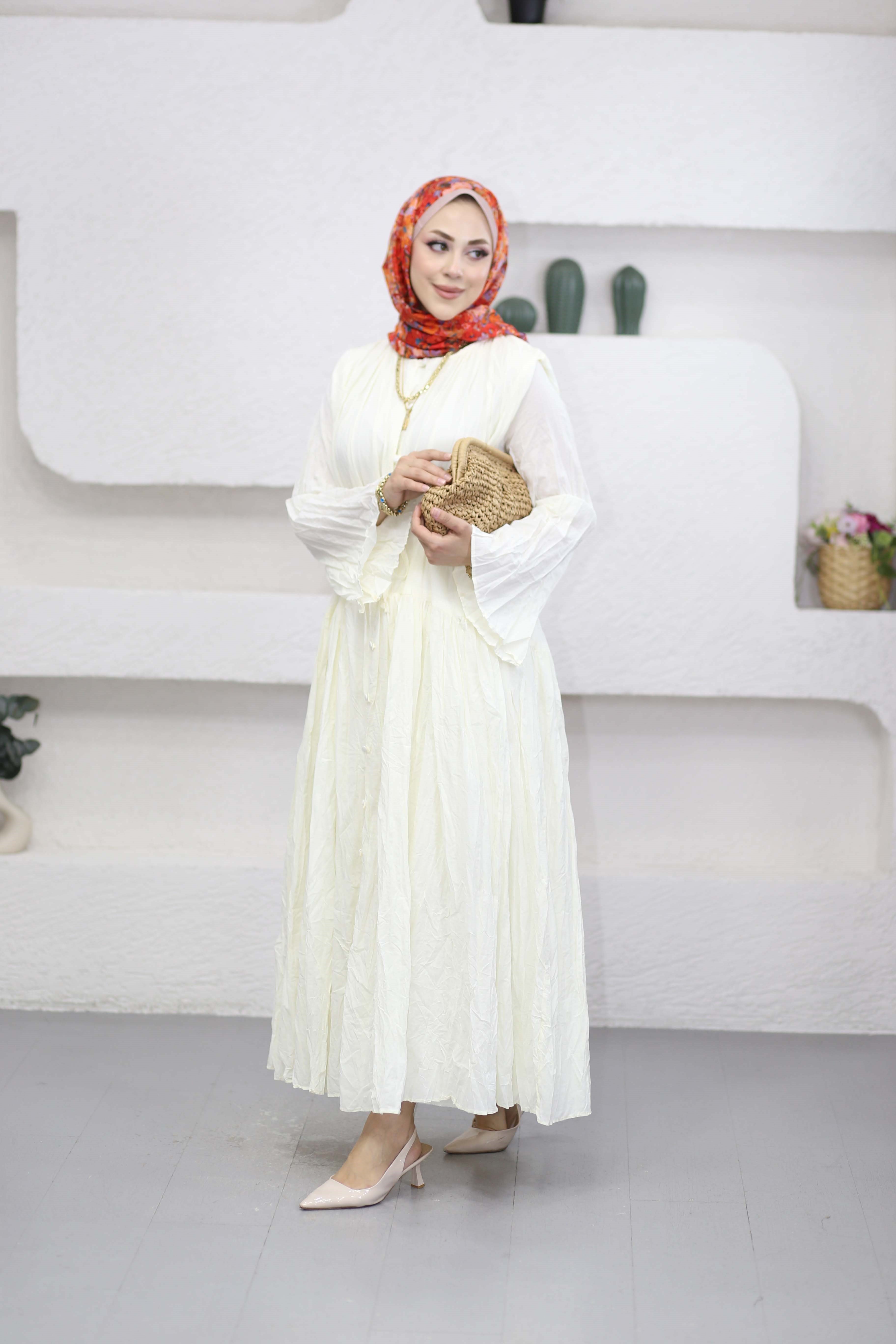 Kıraşlı Elbise Krem 1366