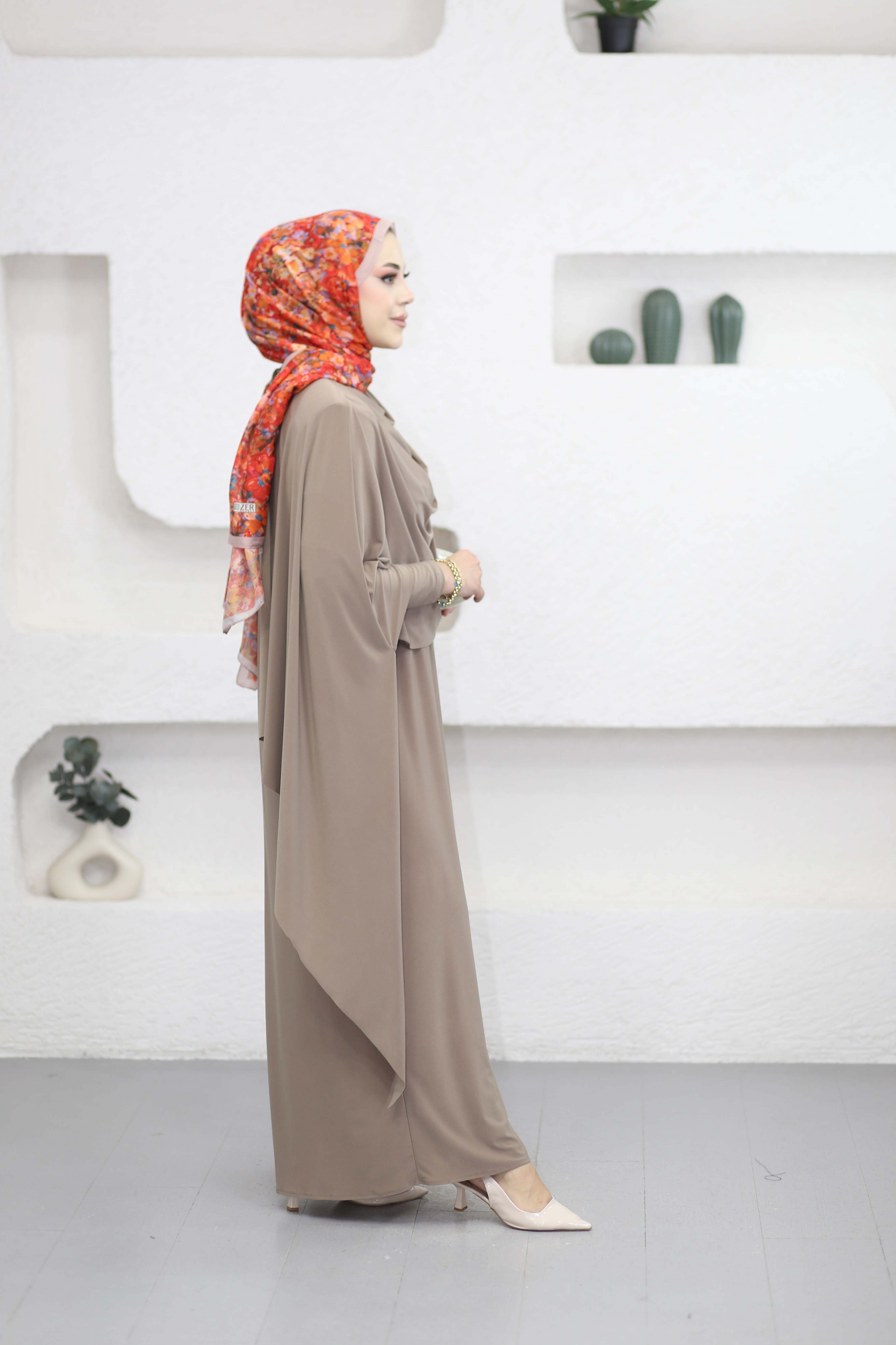 Omuz Şallı Sandy Elbise Vizon 5591