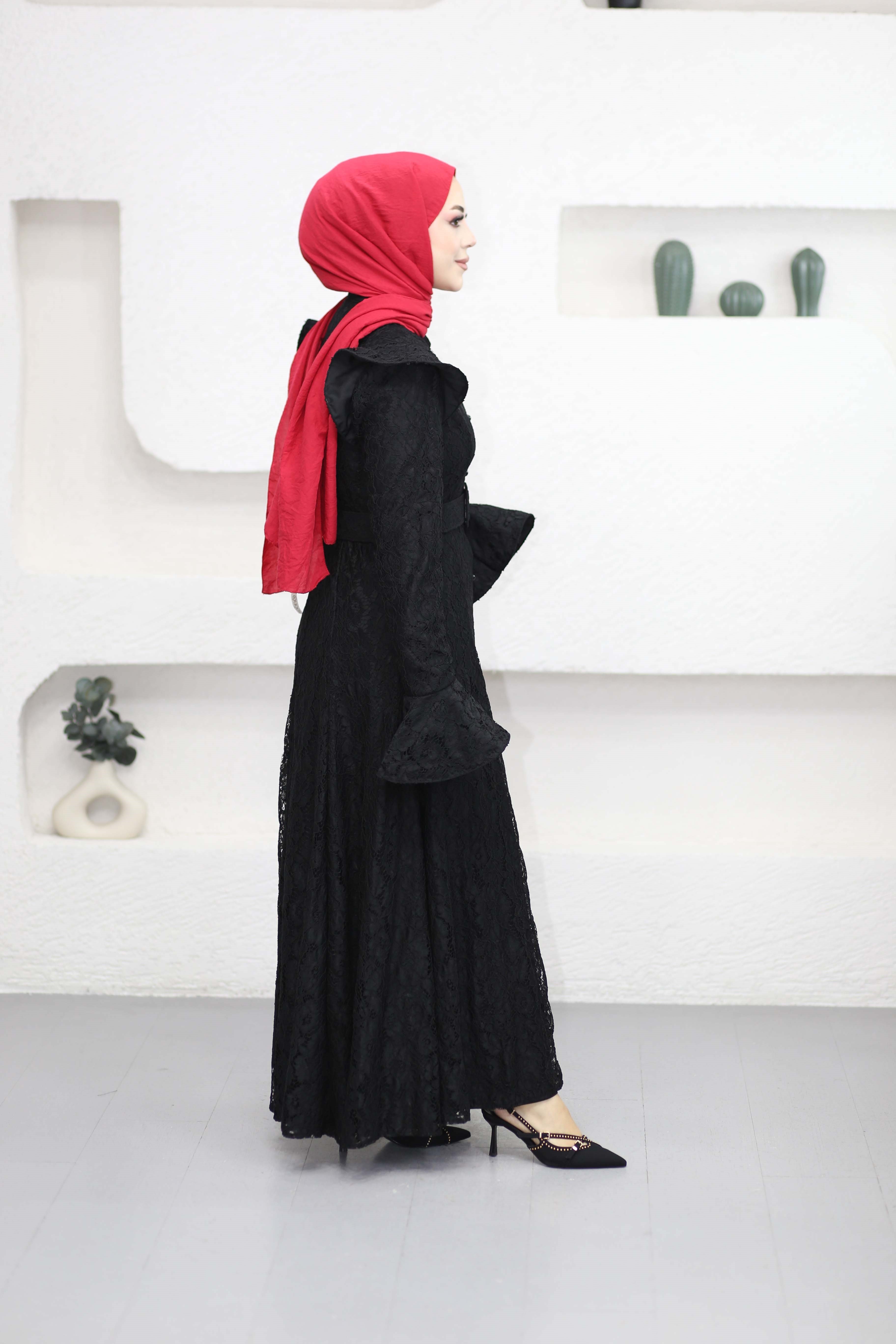 Ivary Dantelli Elbise Siyah 5772