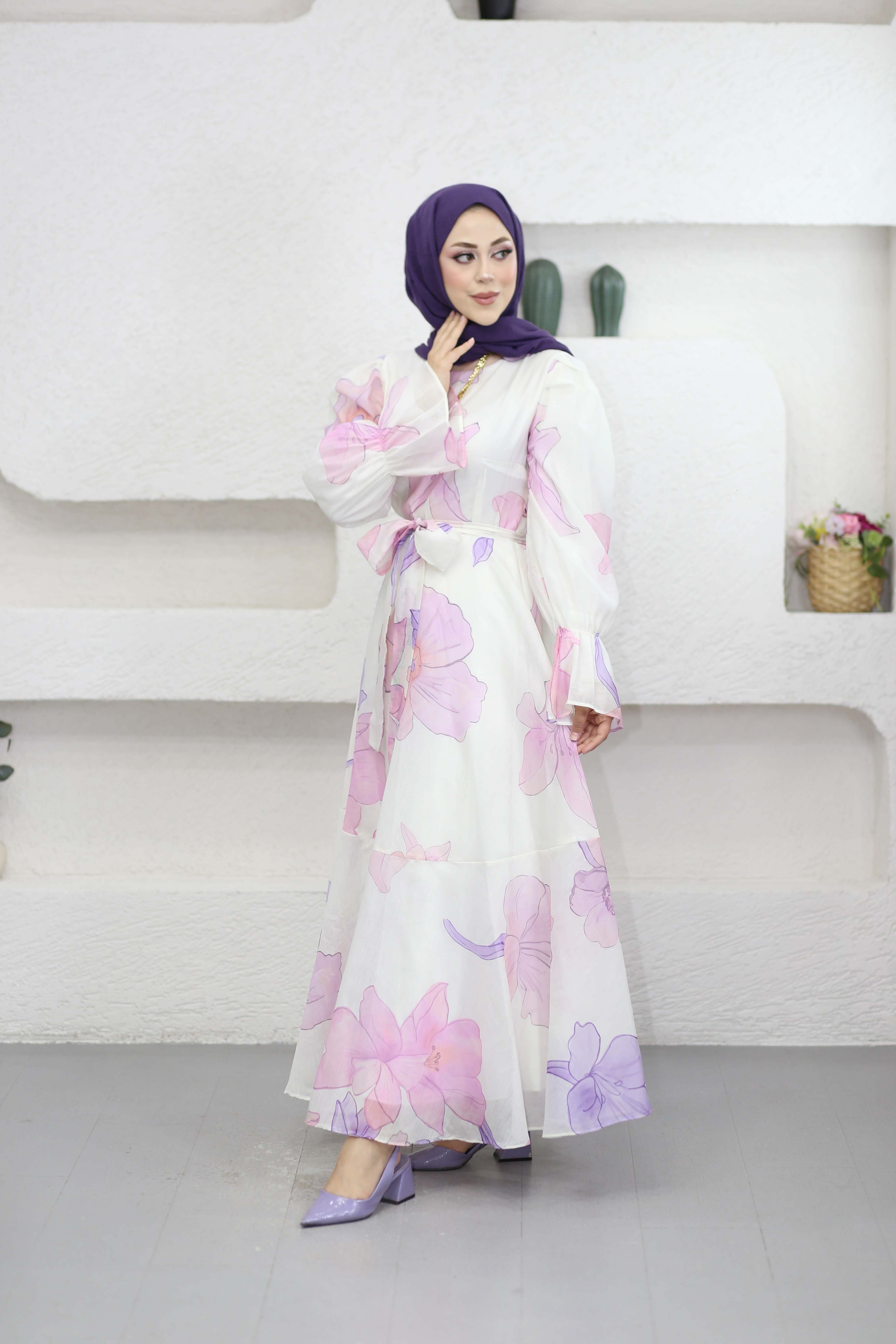 Çiçekli Kuşaklı Elbise Lila 26168