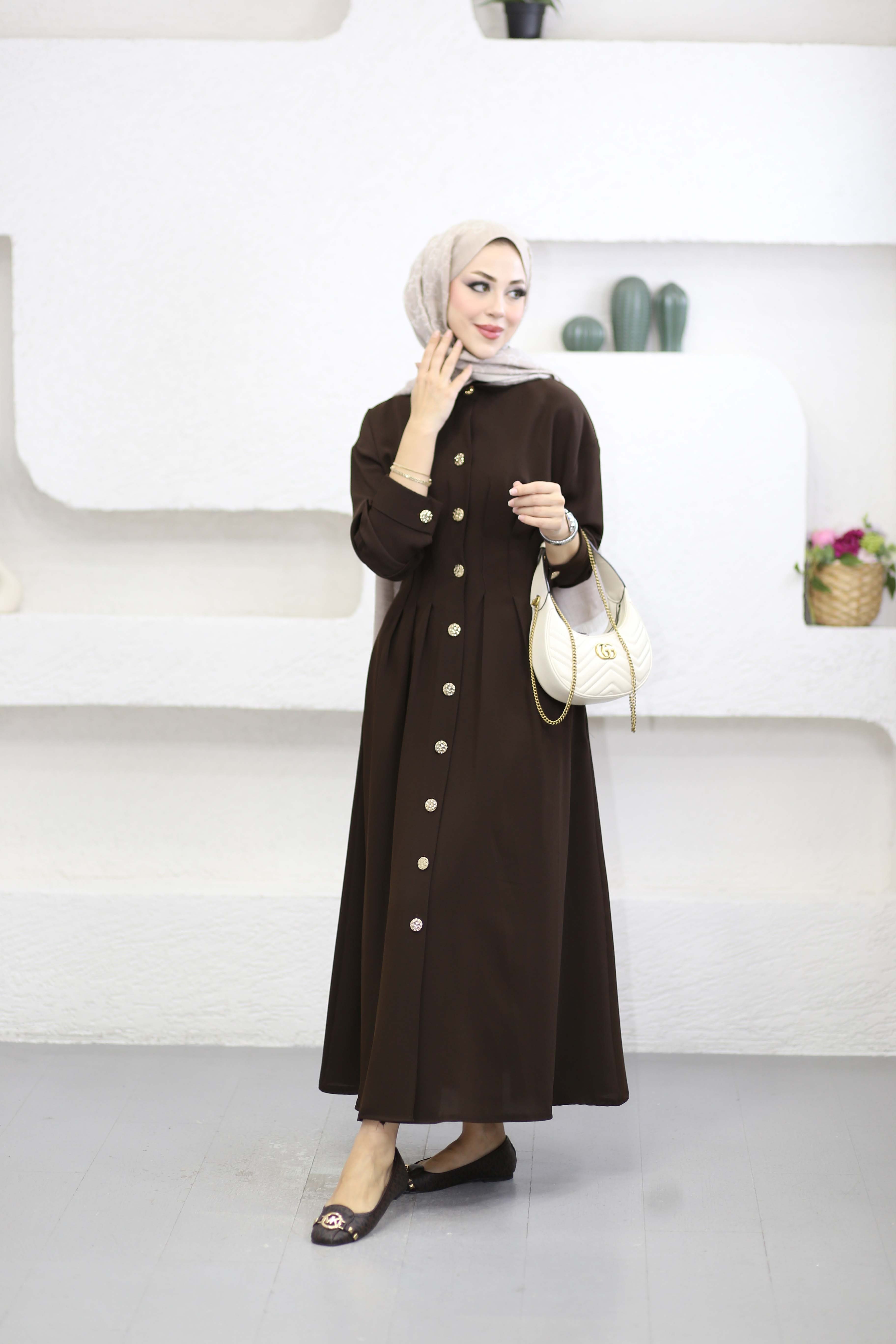 Bel Detaylı Ön Düğmeli Tencel Elbise Kahverengi 5509
