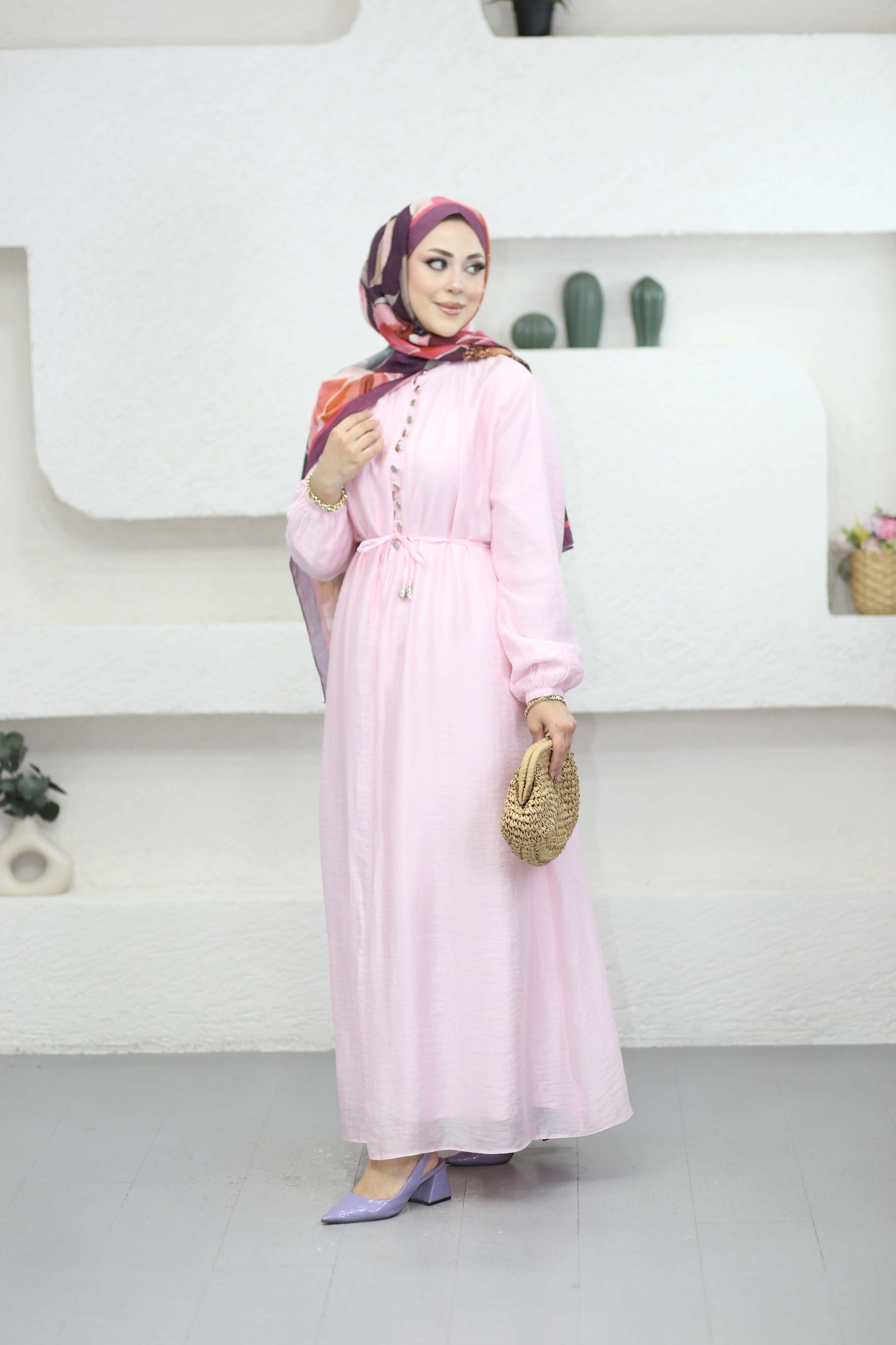 Yarı Düğmeli Elbise Pembe 5353