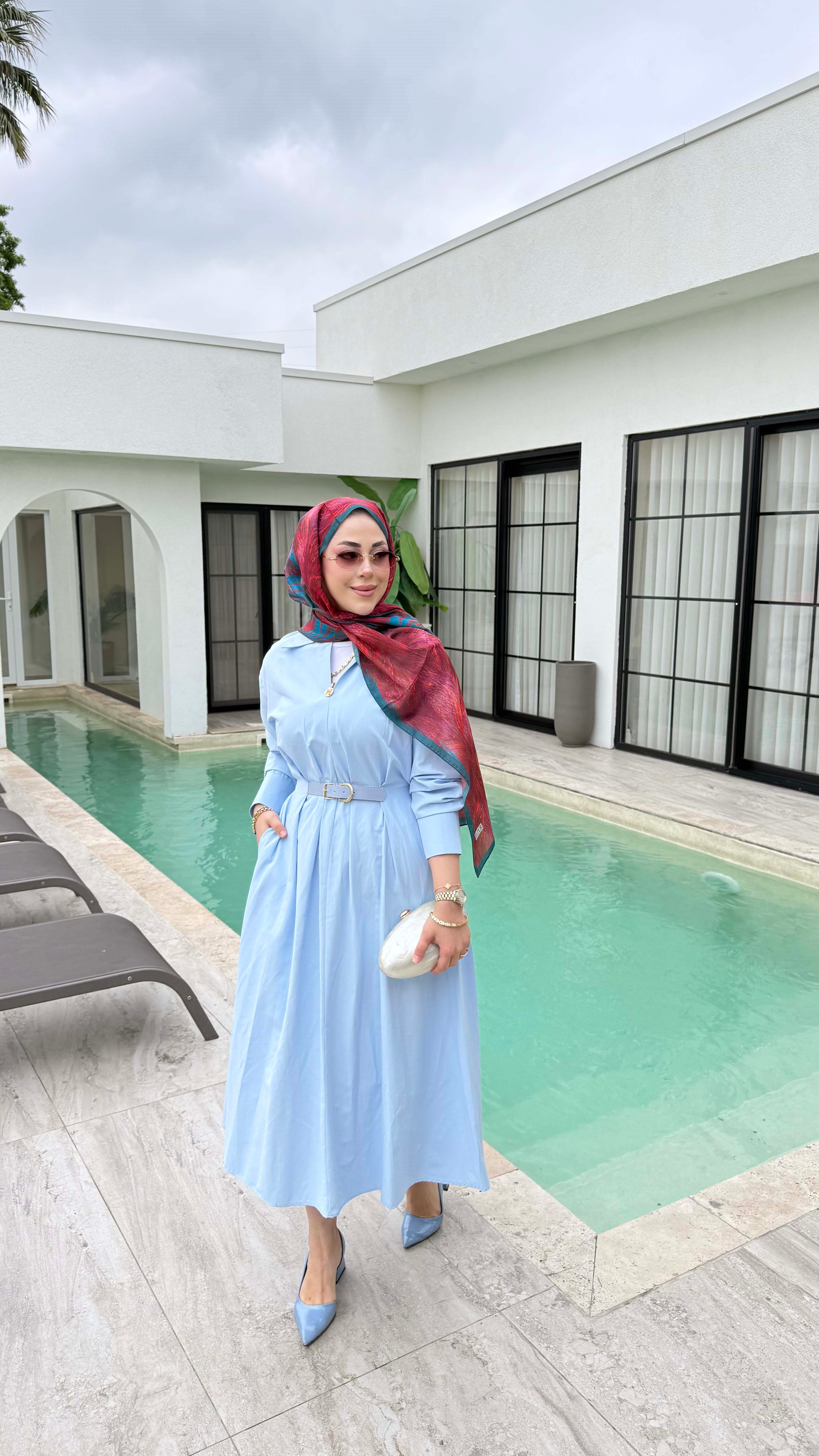 Beli Lastikli Kemer Detaylı Gömlek Elbise Bebe Mavi 5518