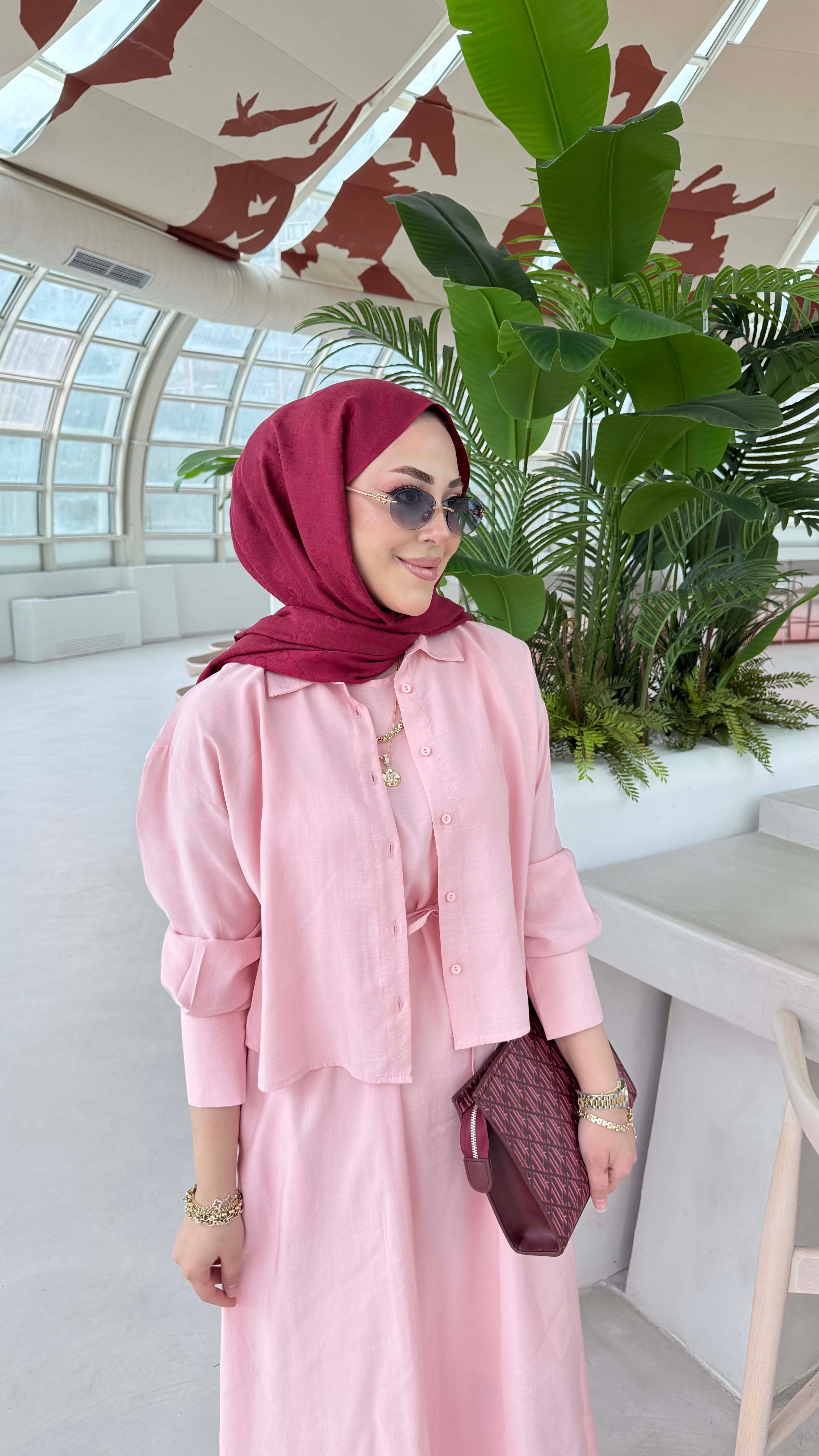 Beli Kuşaklı İkili Elbise Şeker Pembe 2770