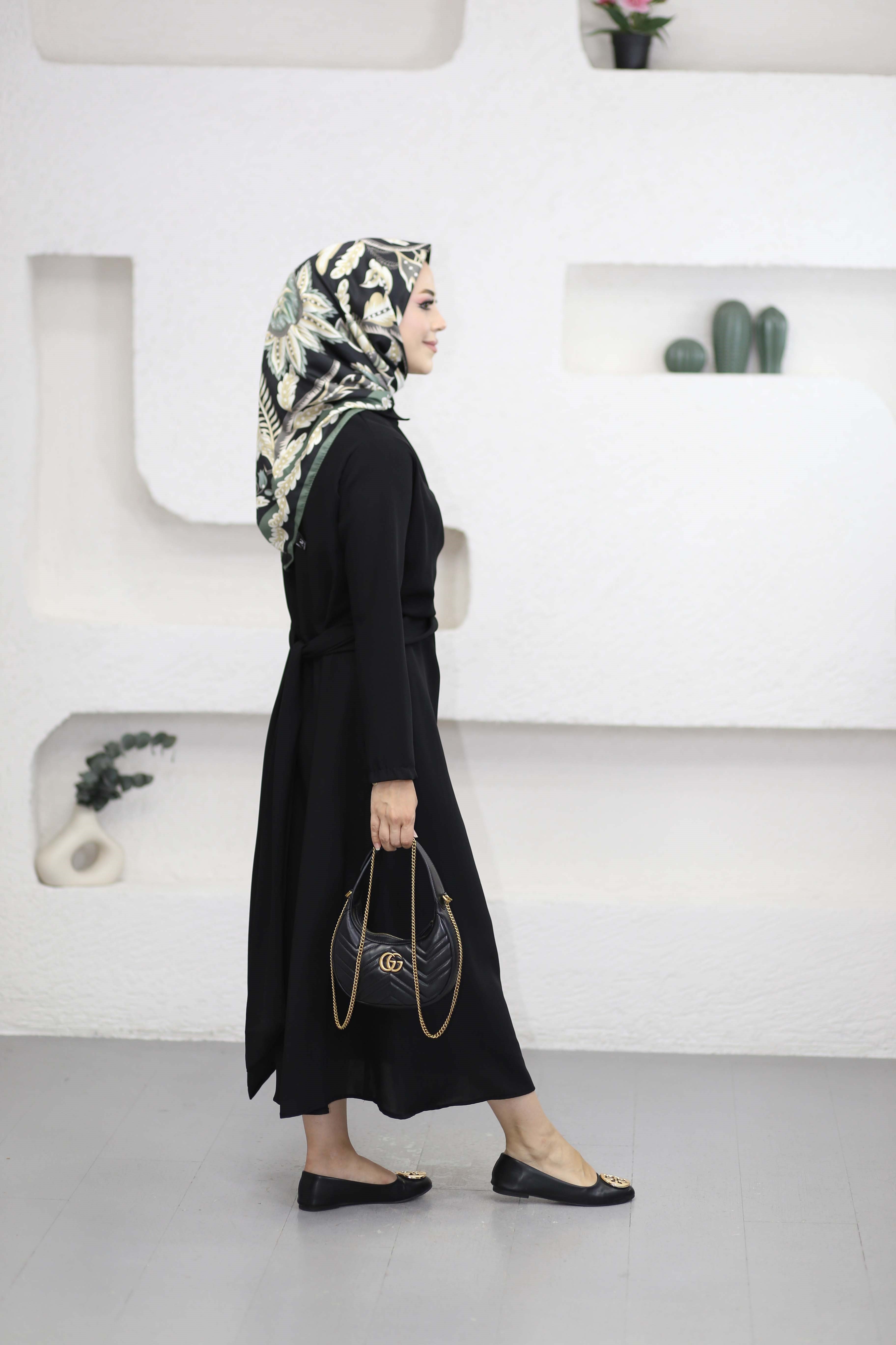 Çapraz Kuşaklı Çan Elbise Siyah 5542